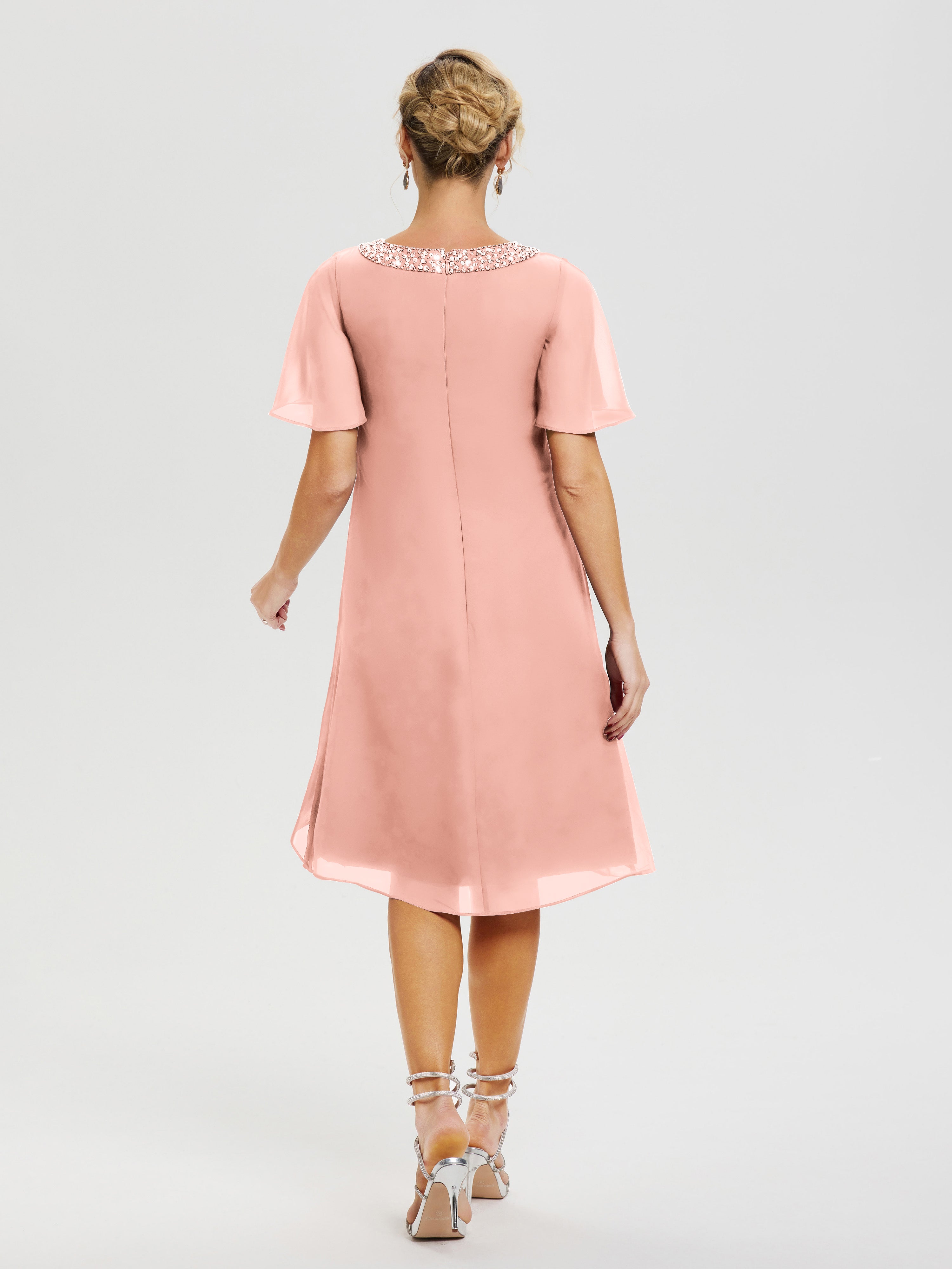 Robe Pour Mariage Mère Du Marié Corail Col-Rond-Mancherons-Mousseline-Robe-Mariage-Mere-Du-Marie