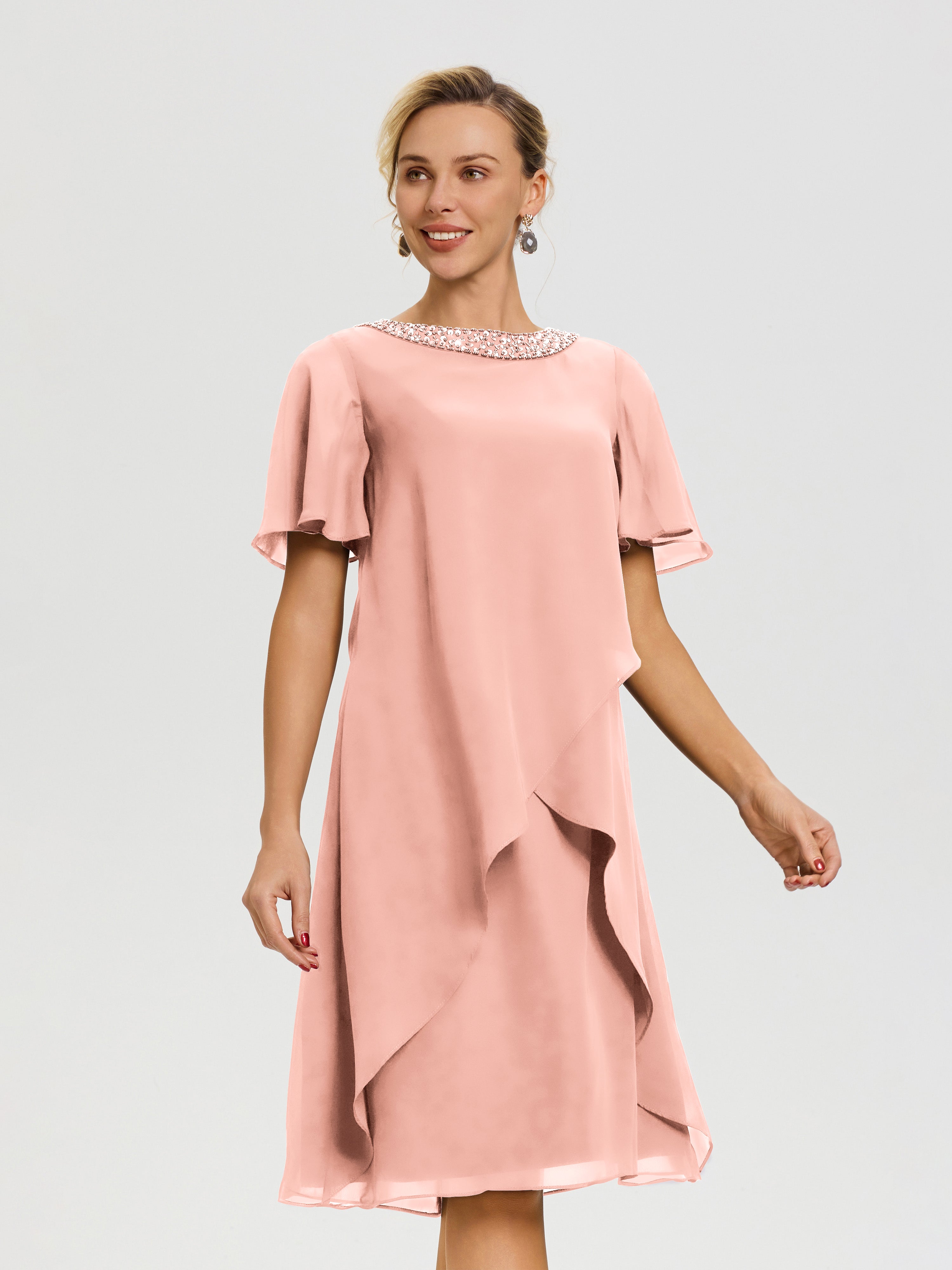 Robe Pour Mariage Mère Du Marié Corail Col-Rond-Mancherons-Mousseline-Robe-Mariage-Mere-Du-Marie