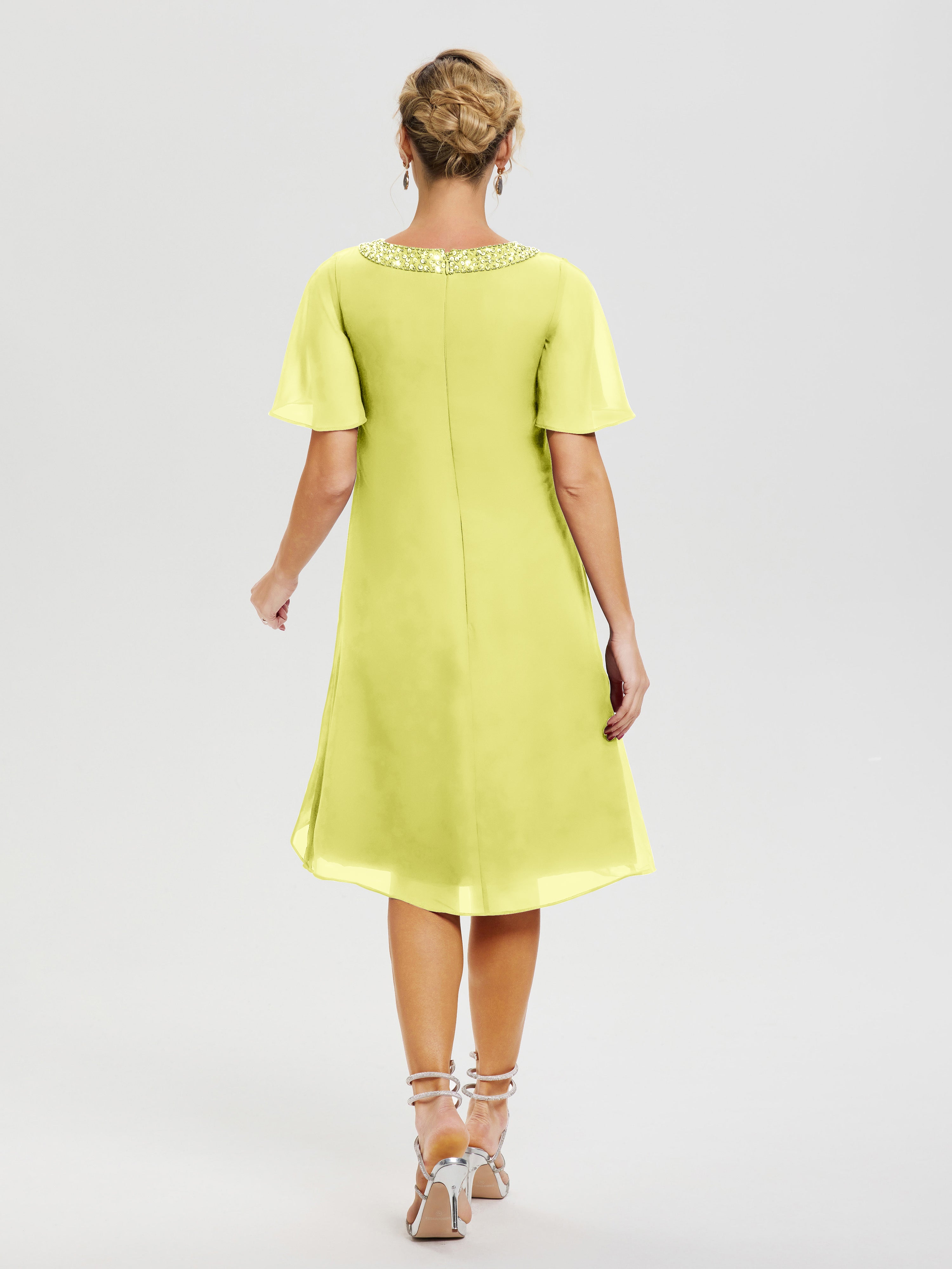 Robe Pour Mère De La Mariée Jonquille Col Rond Mancherons Mousseline Robe Mariage Mère Du Marié