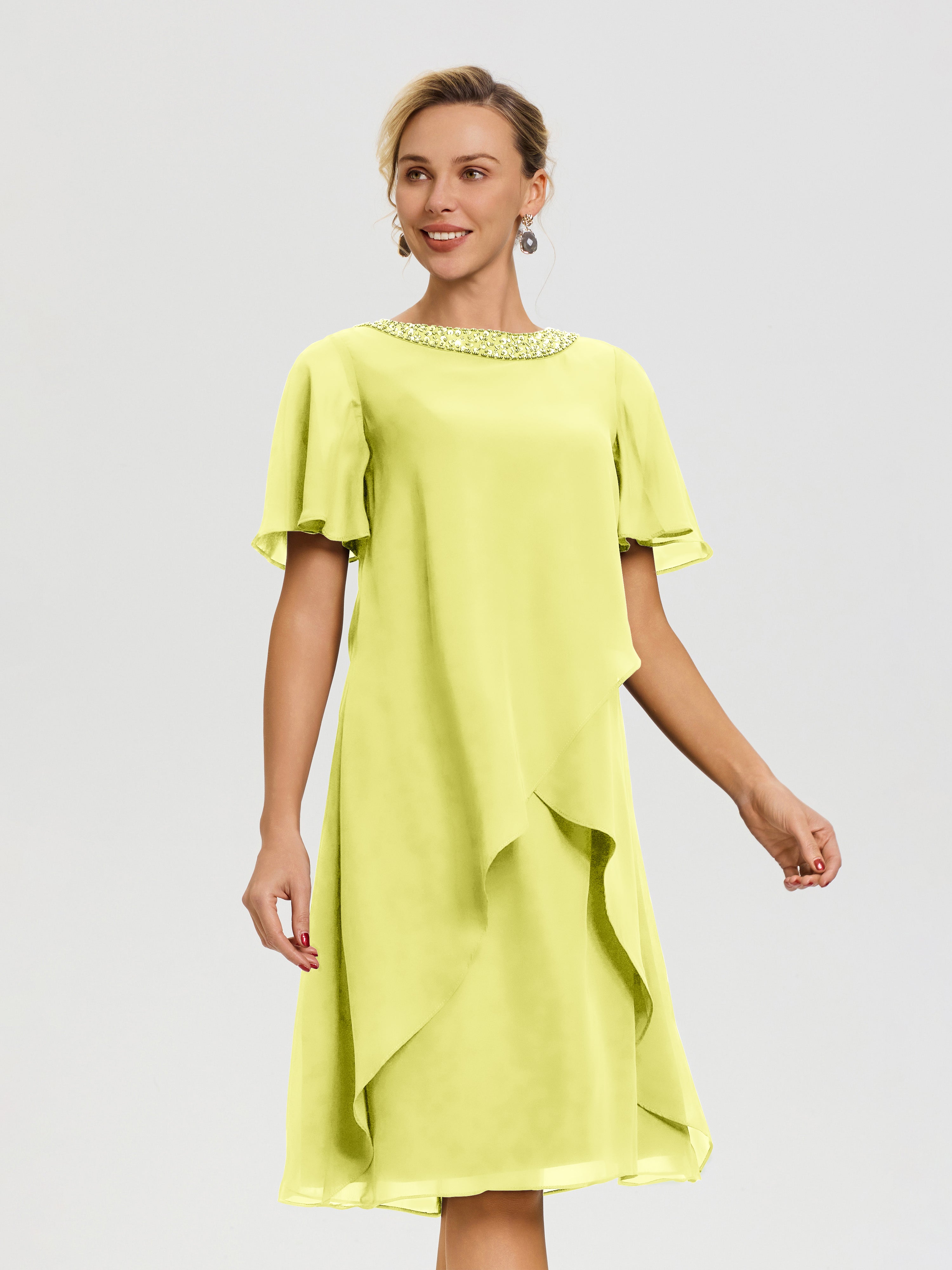 Robe Pour Mère De La Mariée Jonquille Col Rond Mancherons Mousseline Robe Mariage Mère Du Marié