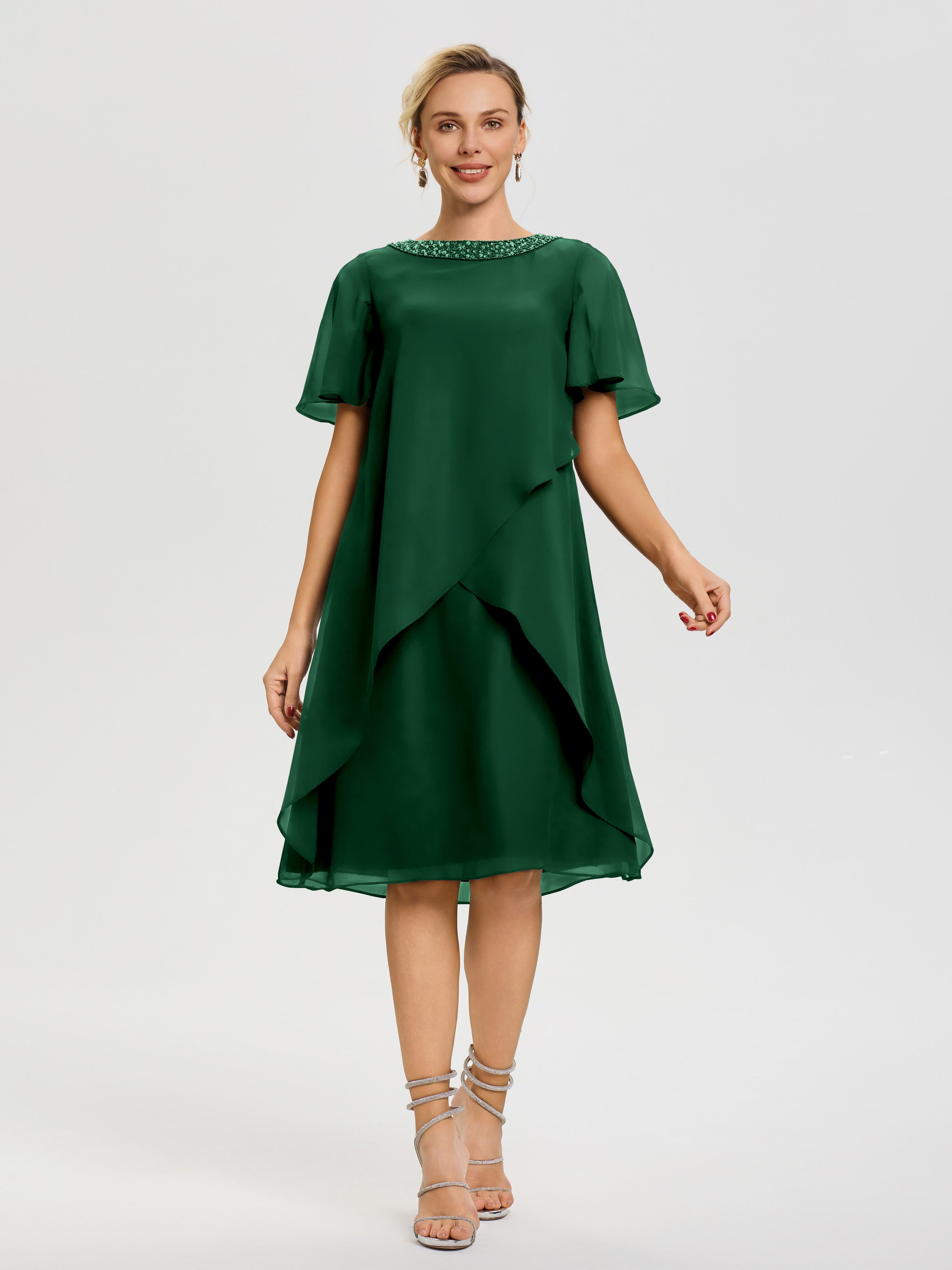 Robe Mère Marié Vert Foncé Col Rond Mancherons Mousseline Robe Mariage Mère Du Marié