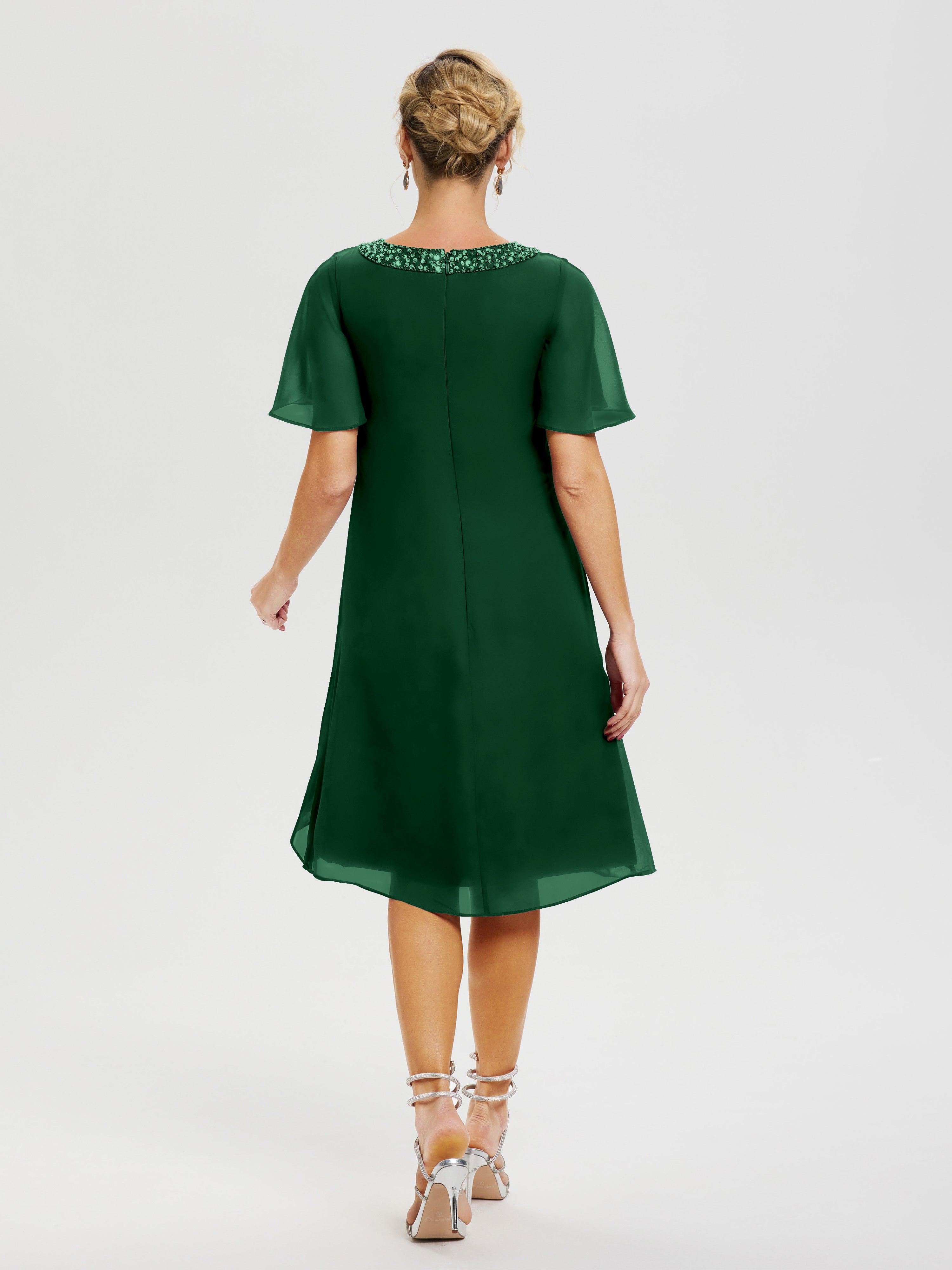 Robe Mère Marié Vert Foncé Col Rond Mancherons Mousseline Robe Mariage Mère Du Marié