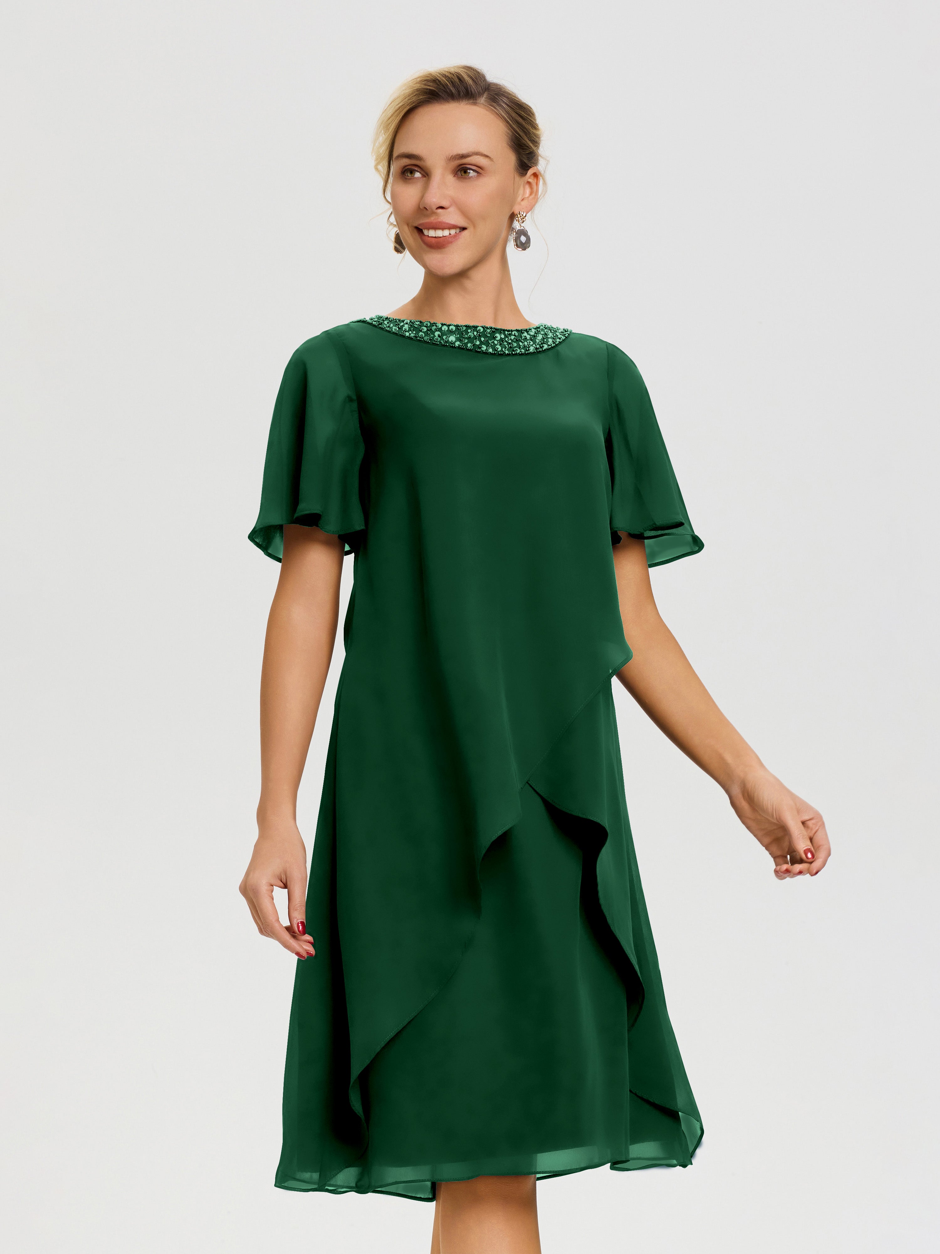Robe Mère Marié Vert Foncé Col Rond Mancherons Mousseline Robe Mariage Mère Du Marié