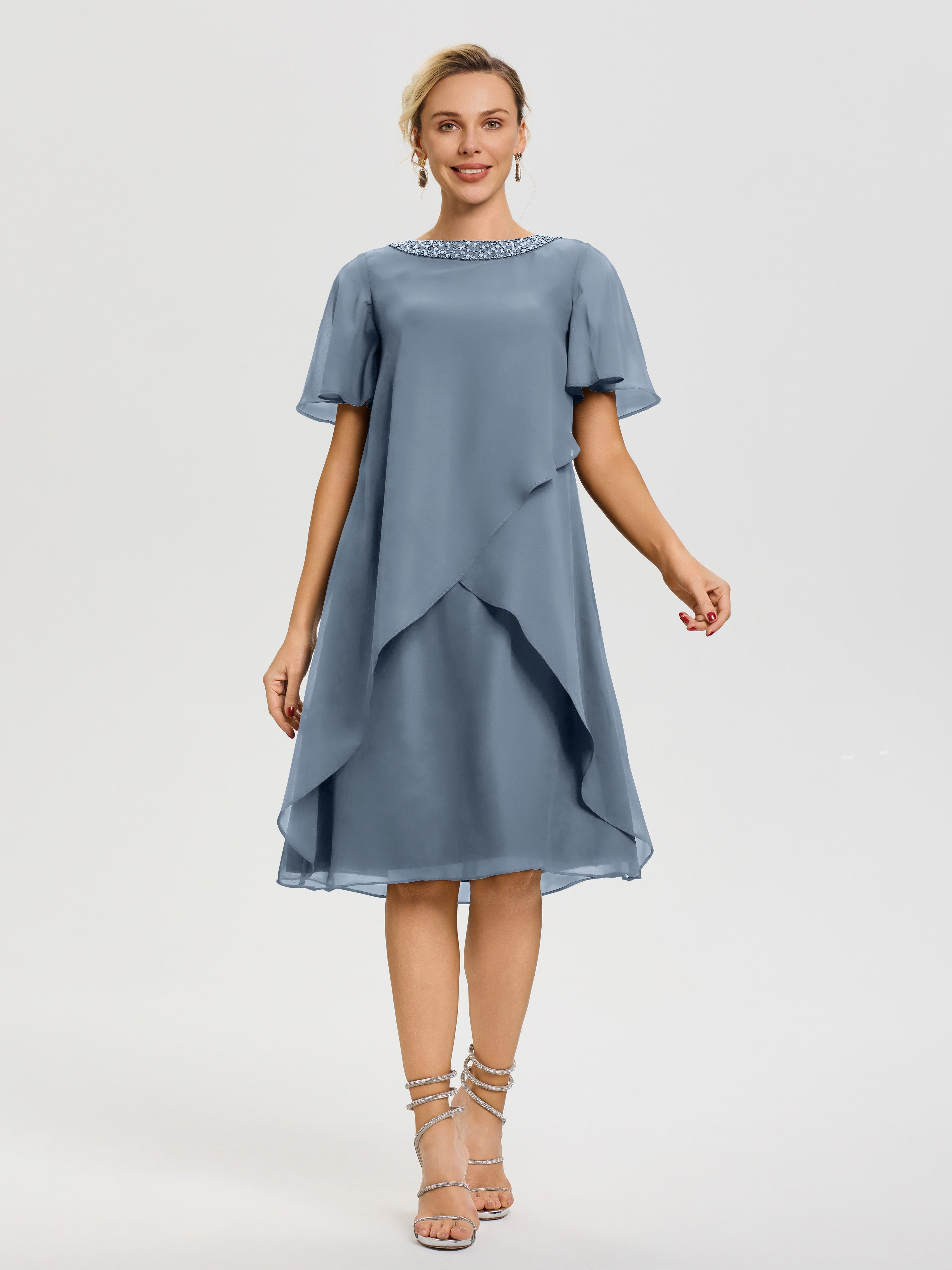 Robe Mère De La Mariée Moderne Bleu Poudré Col Rond Mancherons Mousseline Robe Mariage Mère Du Marié