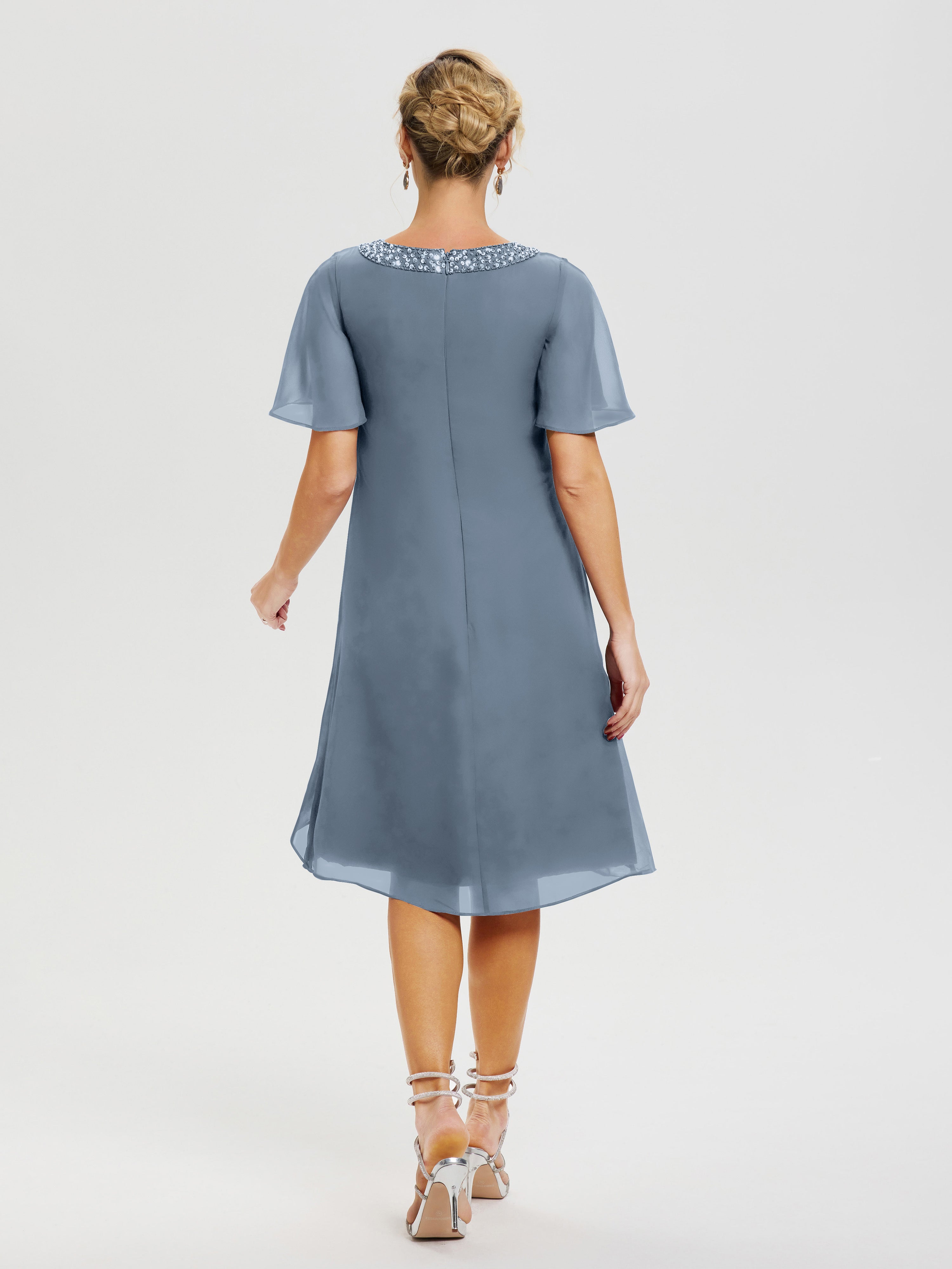 Robe Mère De La Mariée Moderne Bleu Poudré Col Rond Mancherons Mousseline Robe Mariage Mère Du Marié