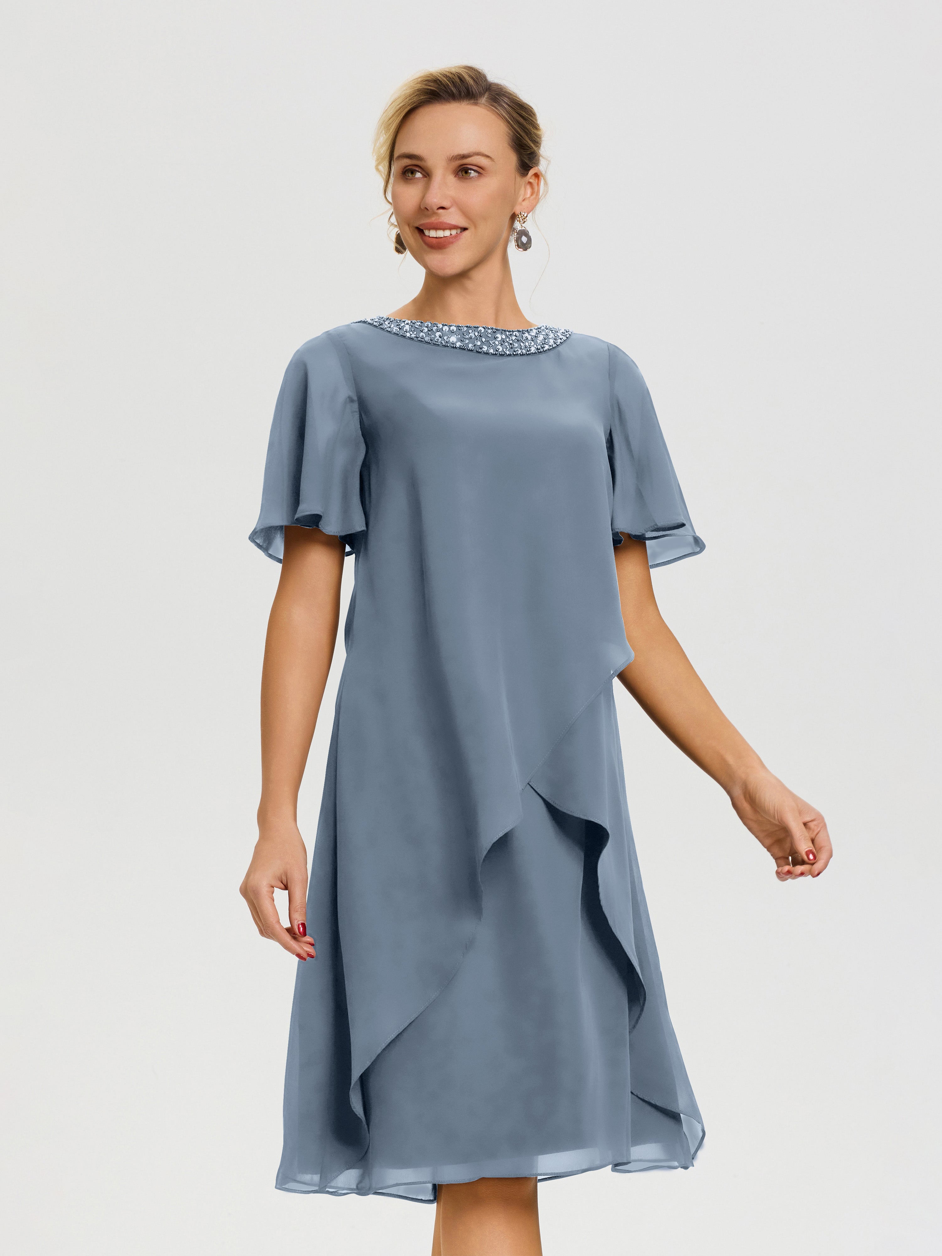 Robe Mère De La Mariée Moderne Bleu Poudré Col Rond Mancherons Mousseline Robe Mariage Mère Du Marié