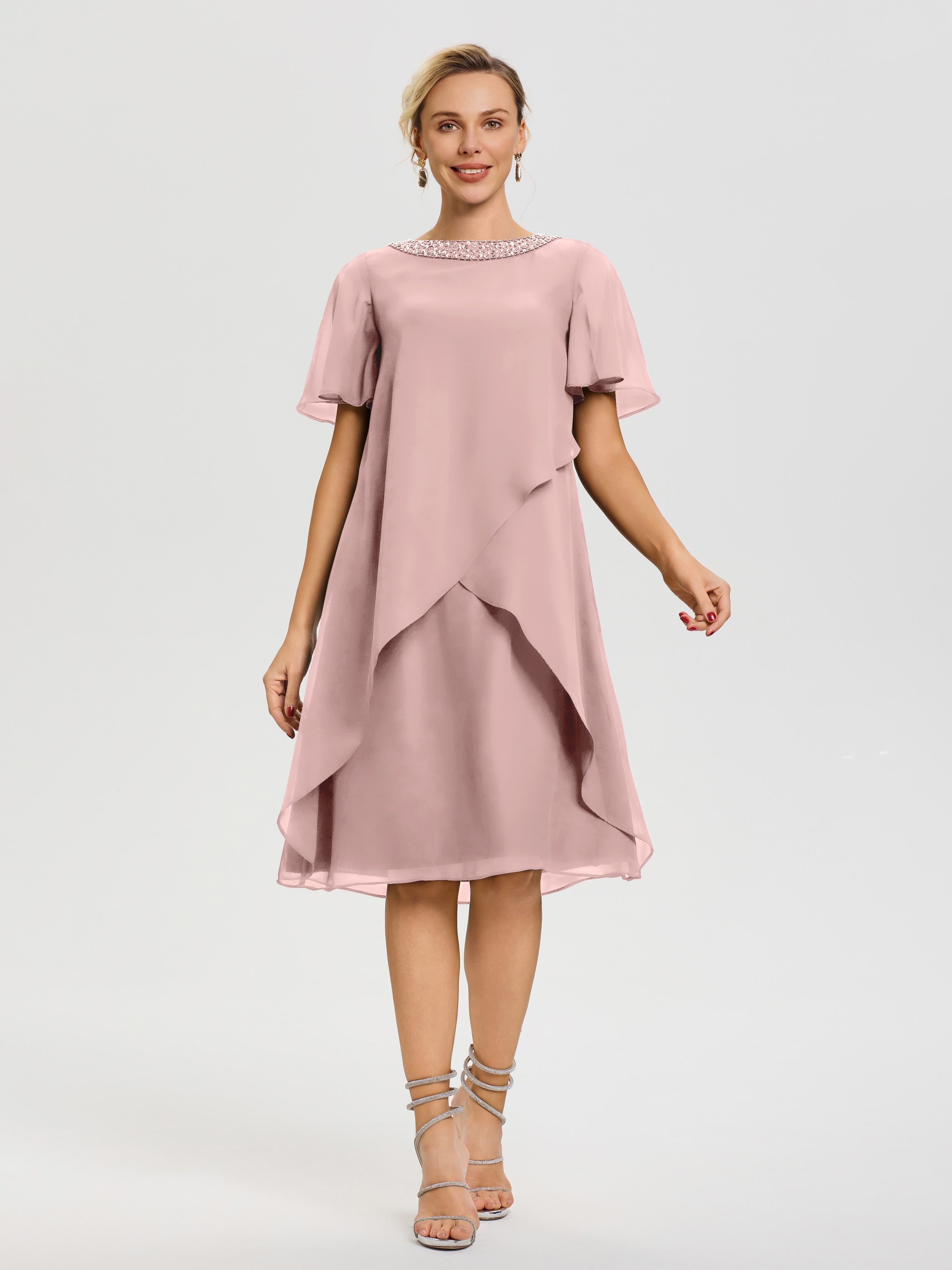 Robe Mere Dela Mariee Rose Poudré Col Rond Mancherons Mousseline Robe Mariage Mère Du Marié