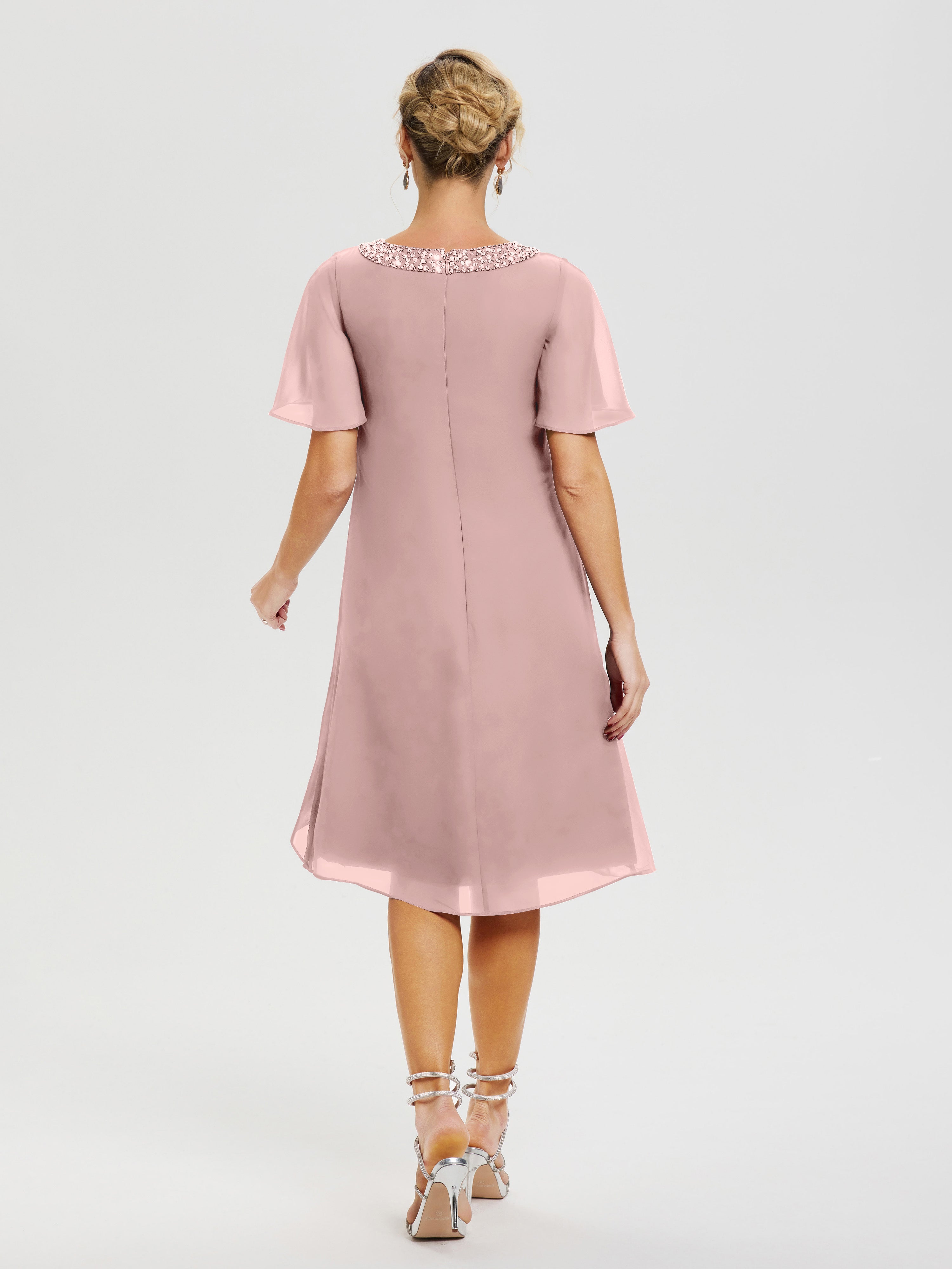 Robe Mere Dela Mariee Rose Poudré Col Rond Mancherons Mousseline Robe Mariage Mère Du Marié
