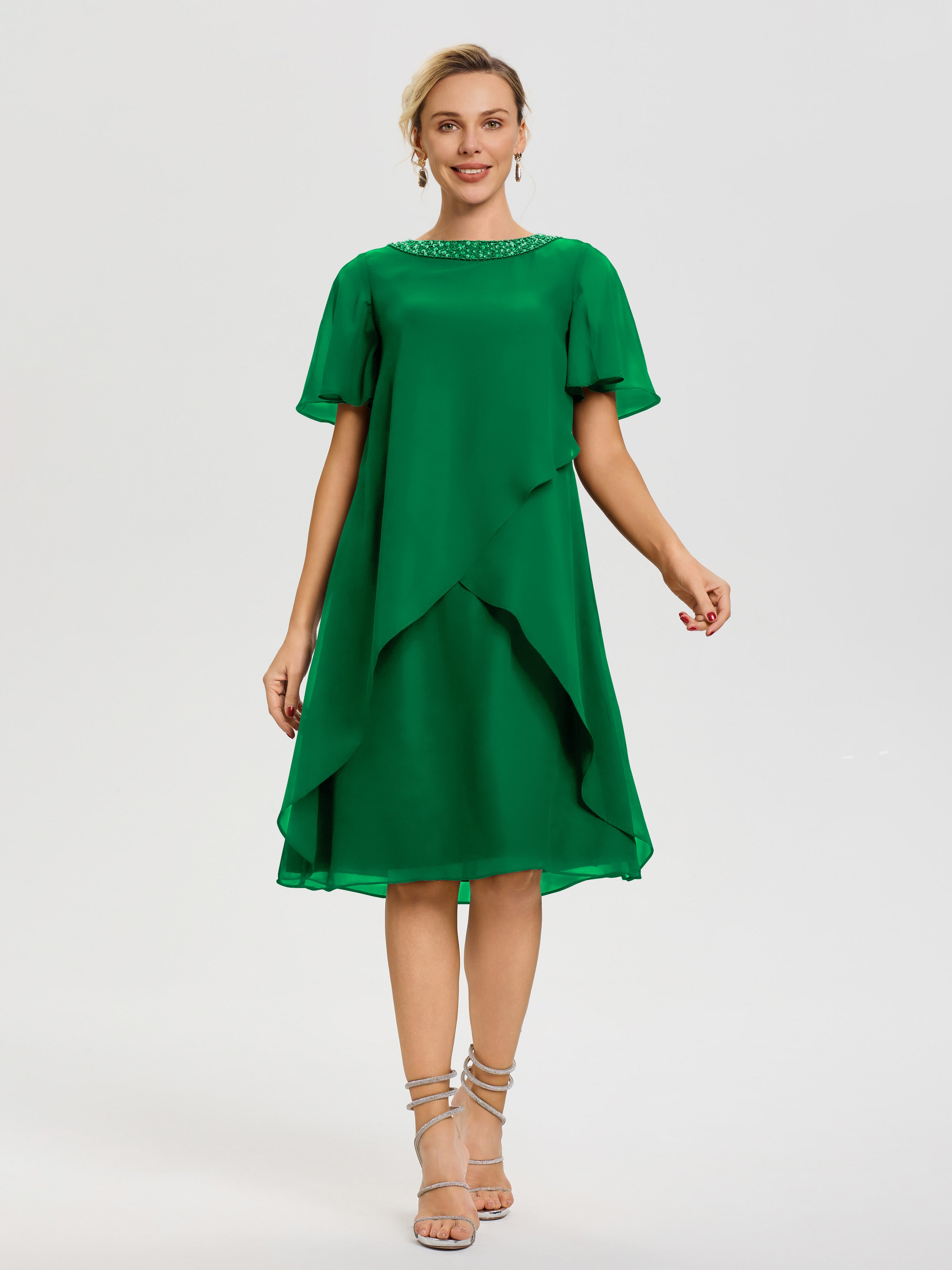 Robe Pour Mariage Mère Du Marié Emeraude Col Rond Mancherons Mousseline Robe Mariage Mère Du Marié