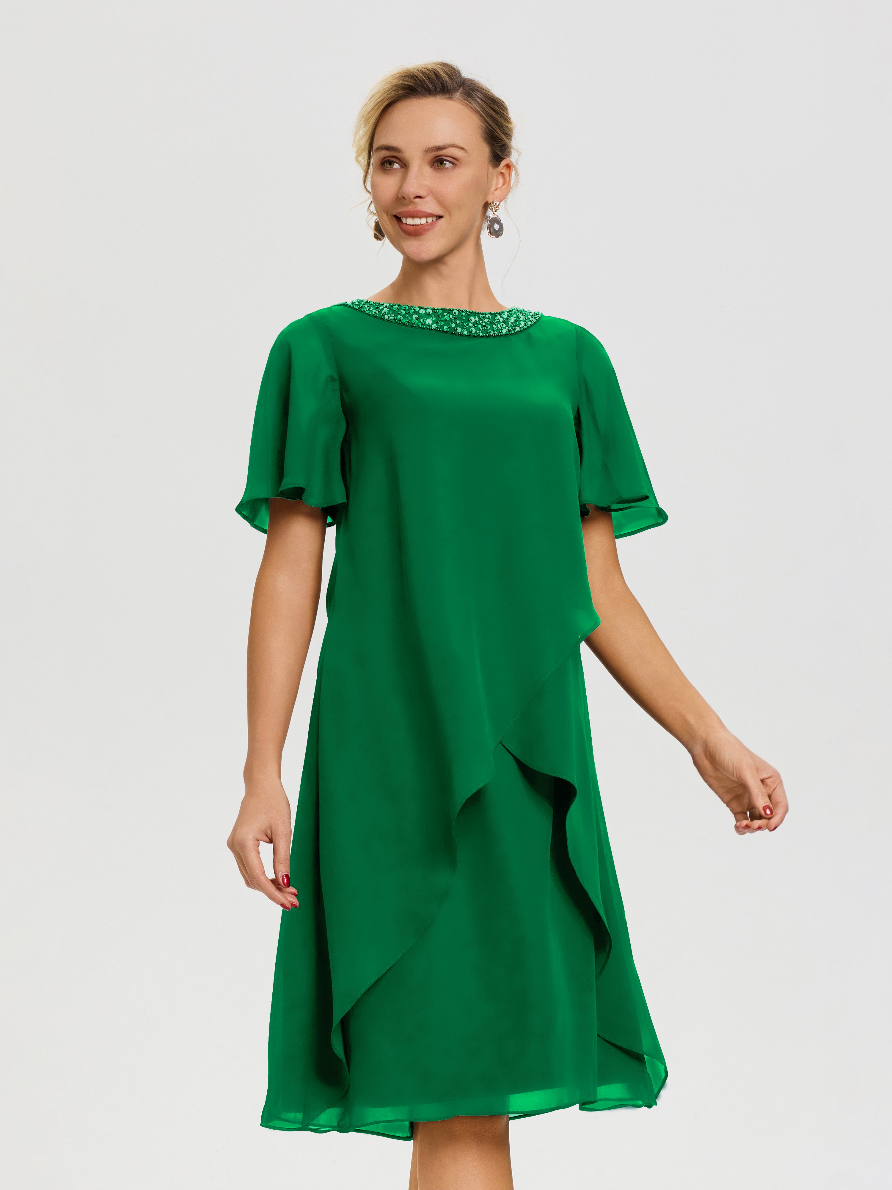 Robe Pour Mariage Mère Du Marié Emeraude Col Rond Mancherons Mousseline Robe Mariage Mère Du Marié