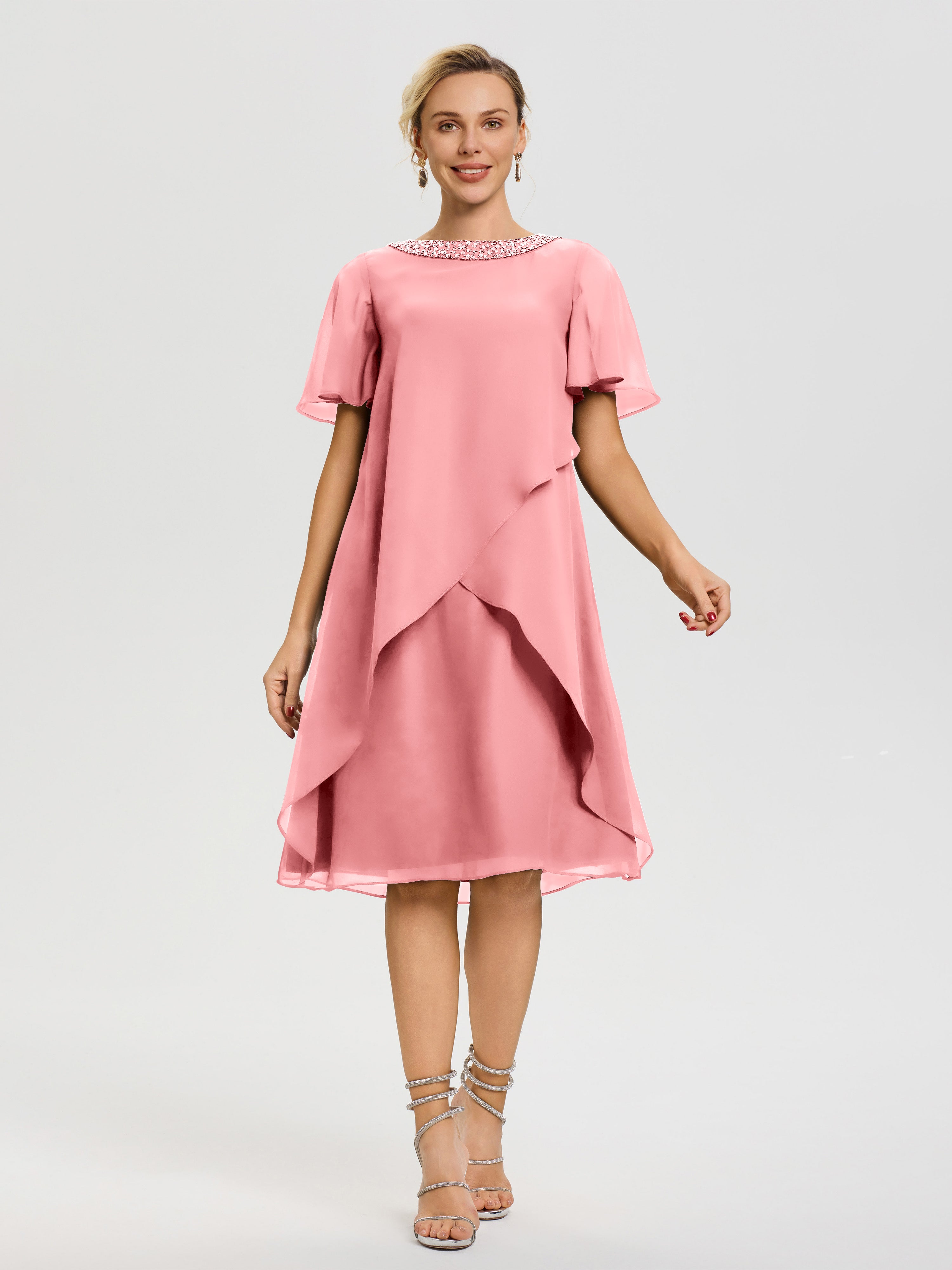 Robe Pour Mariage Mère Du Marié Flamant Col Rond Mancherons Mousseline Robe Mariage Mère Du Marié