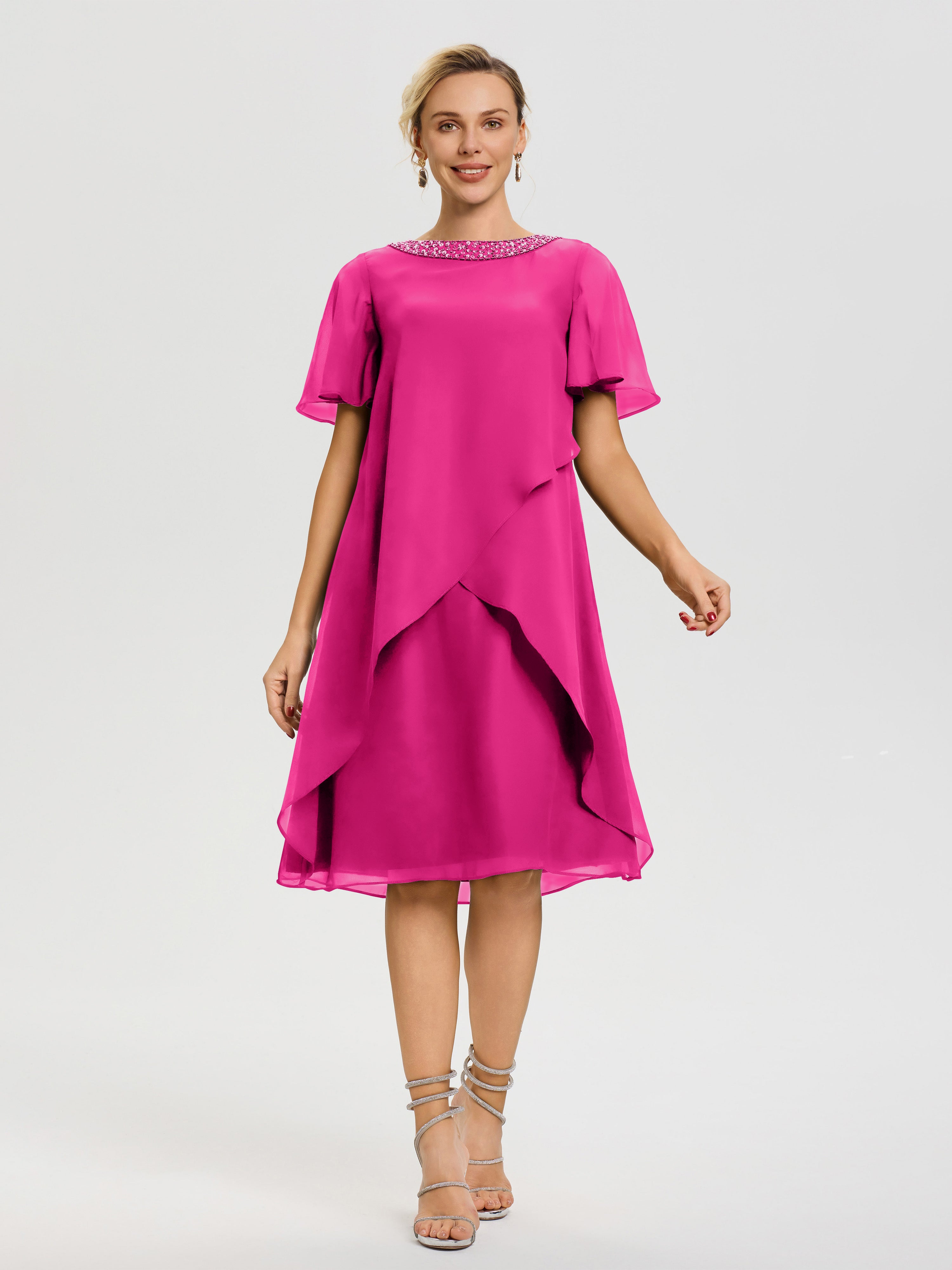 Robe Mère De La Mariée Moderne Fuchsia Col Rond Mancherons Mousseline Robe Mariage Mère Du Marié