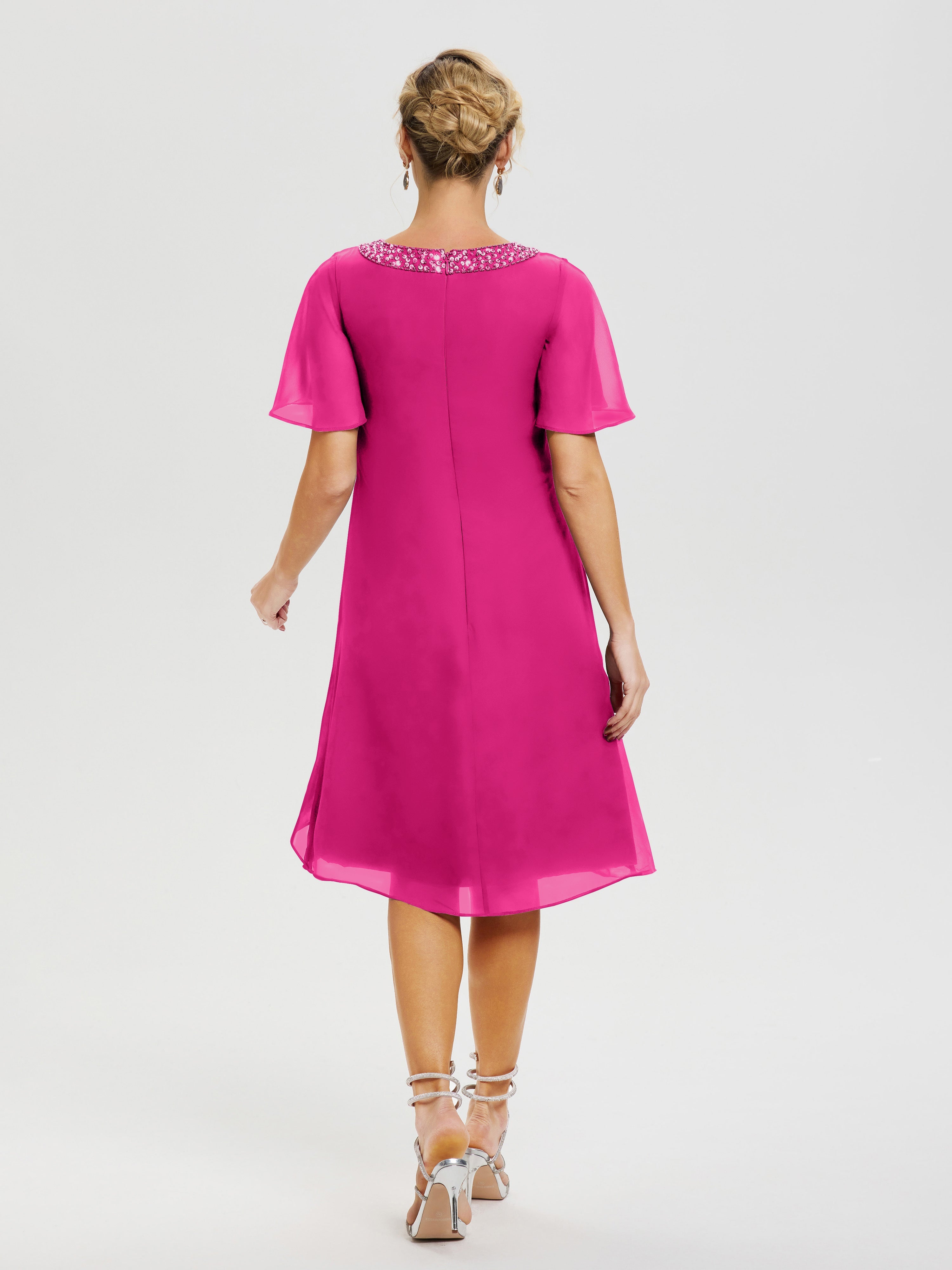 Robe Mère De La Mariée Moderne Fuchsia Col Rond Mancherons Mousseline Robe Mariage Mère Du Marié