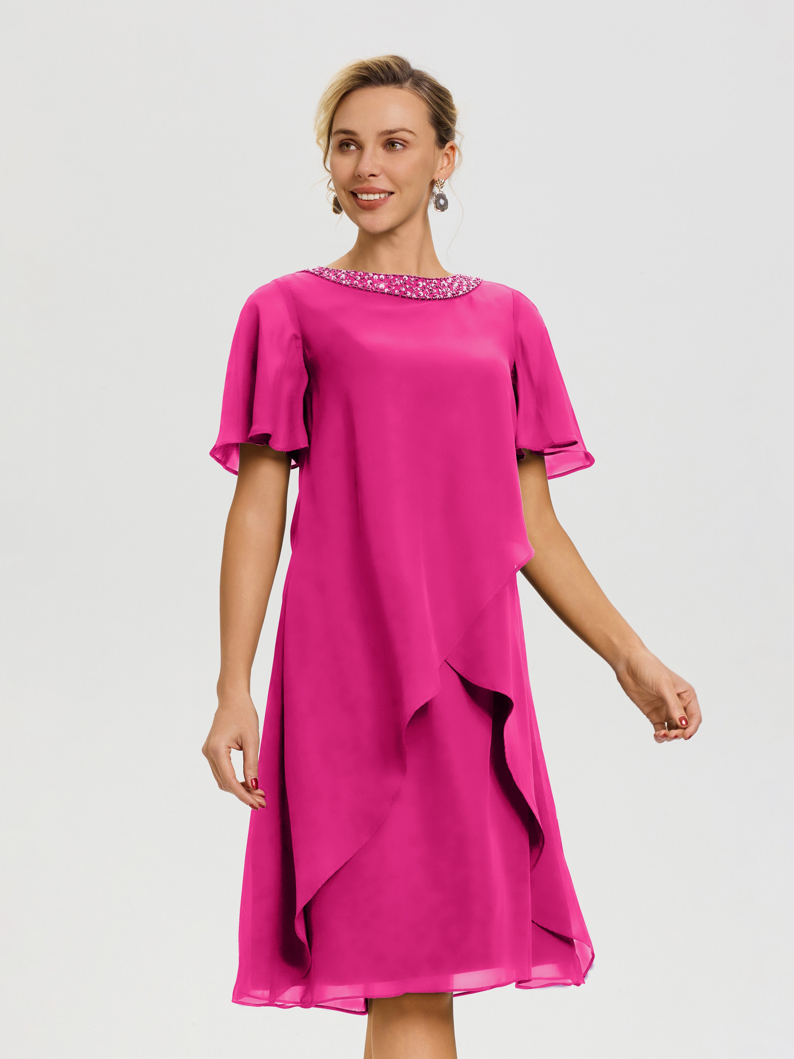 Robe Mère De La Mariée Moderne Fuchsia Col Rond Mancherons Mousseline Robe Mariage Mère Du Marié