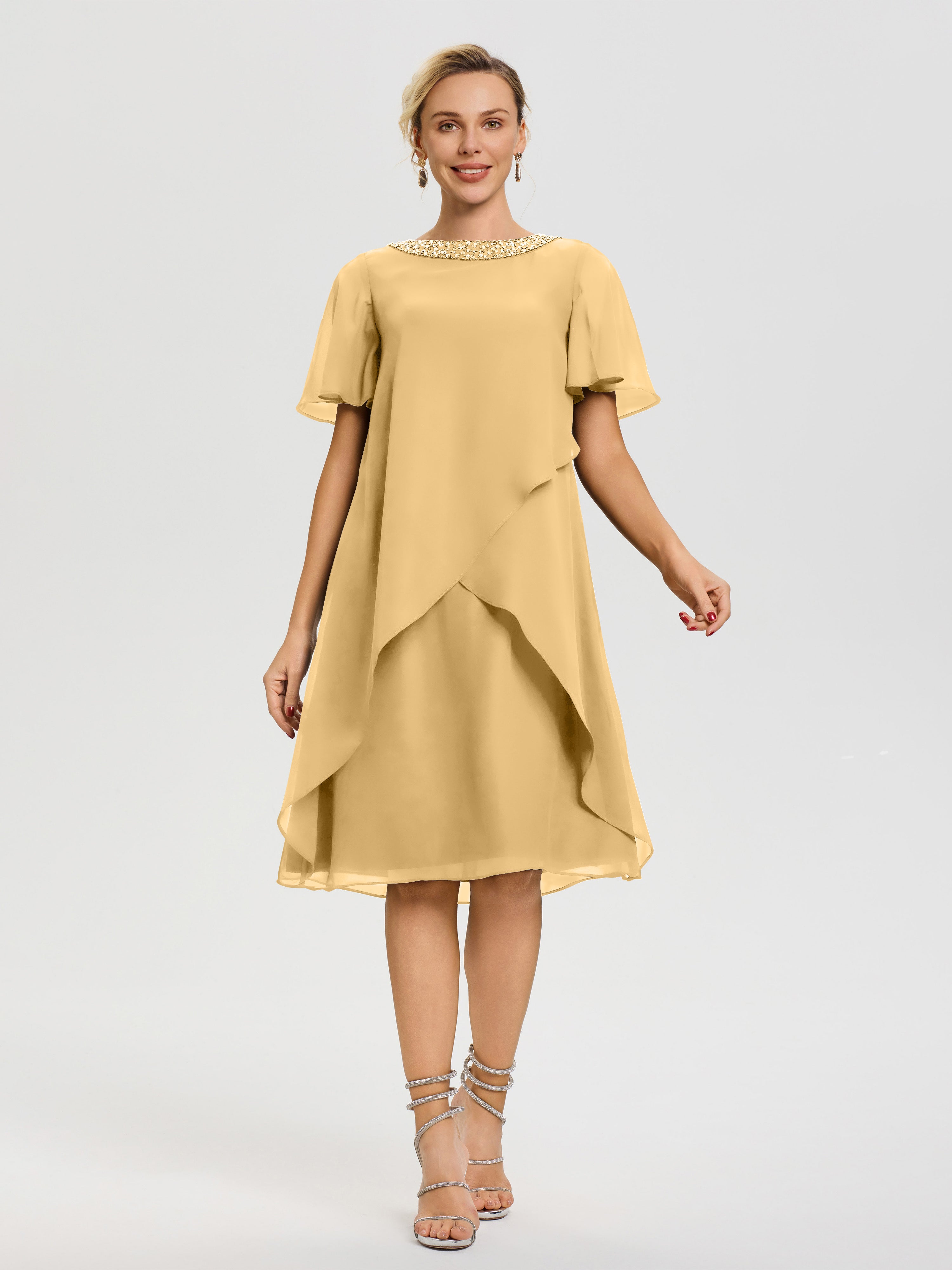 Robe Pour Mère De La Mariée Or Col Rond Mancherons Mousseline Robe Mariage Mère Du Marié