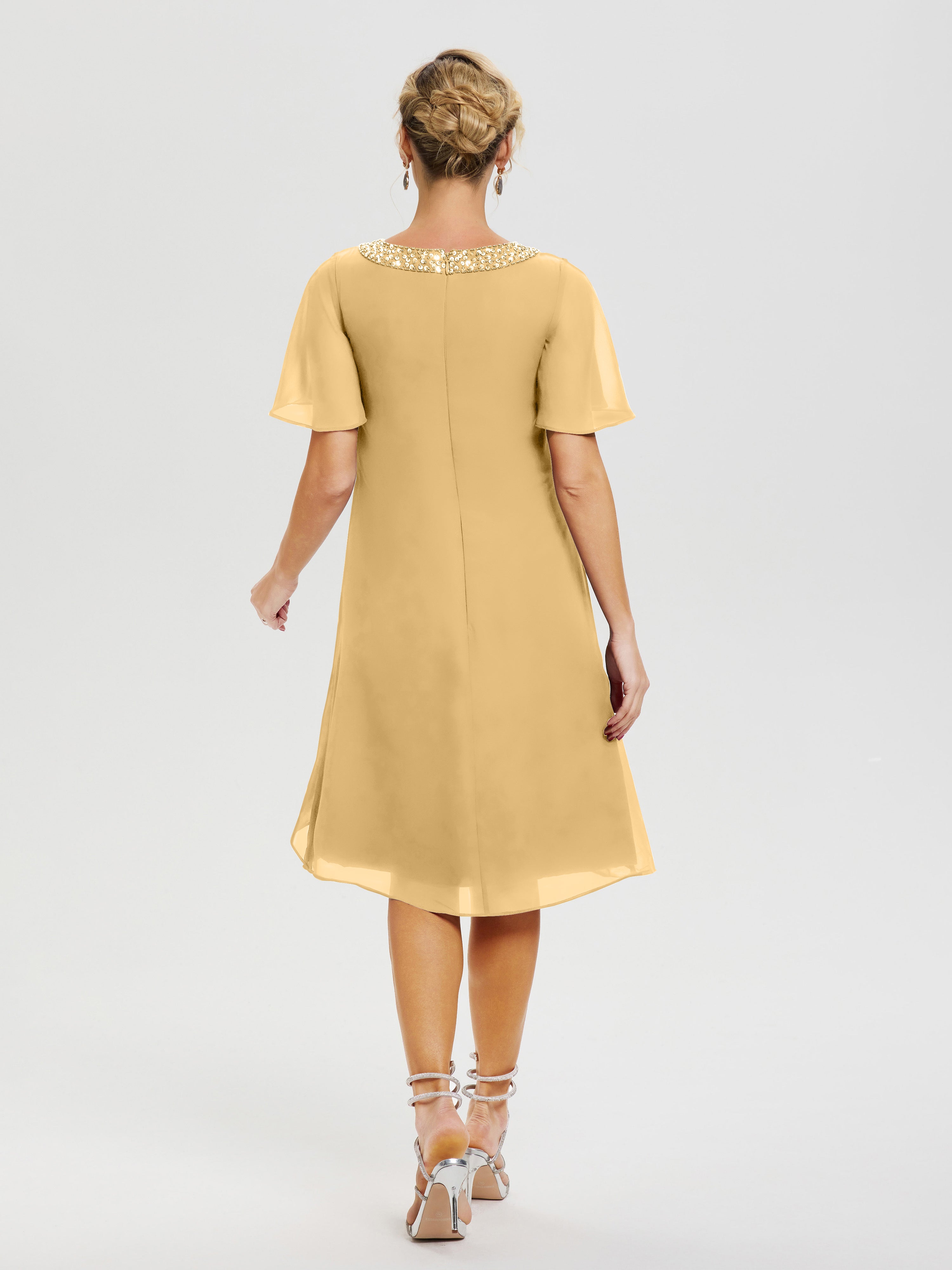 Robe Pour Mère De La Mariée Or Col Rond Mancherons Mousseline Robe Mariage Mère Du Marié