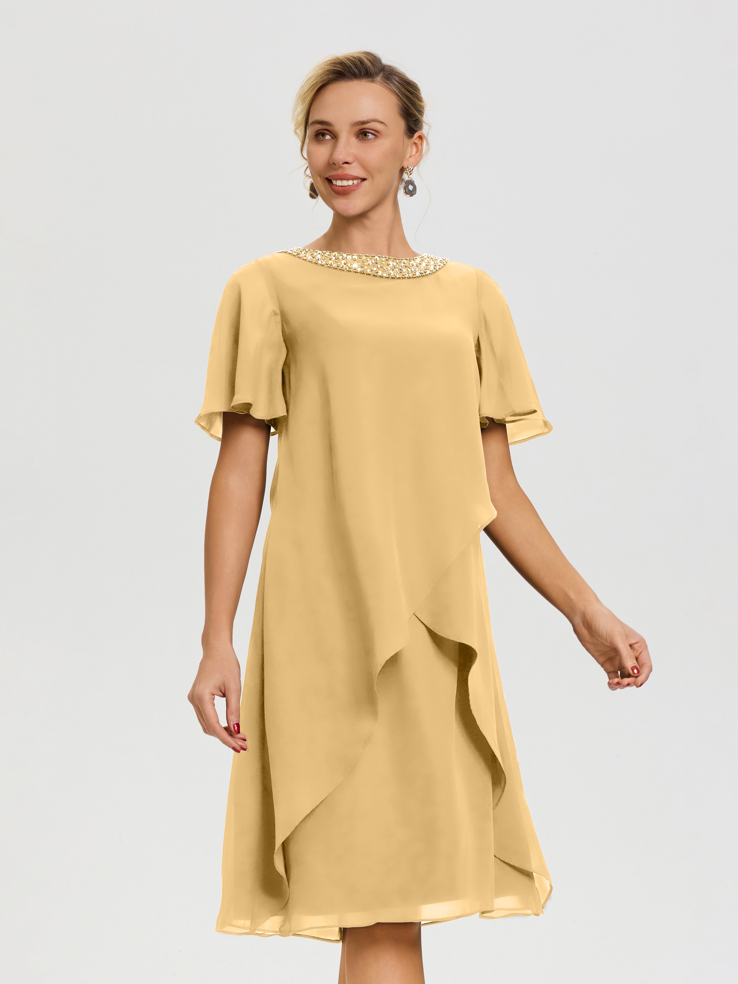 Robe Pour Mère De La Mariée Or Col Rond Mancherons Mousseline Robe Mariage Mère Du Marié