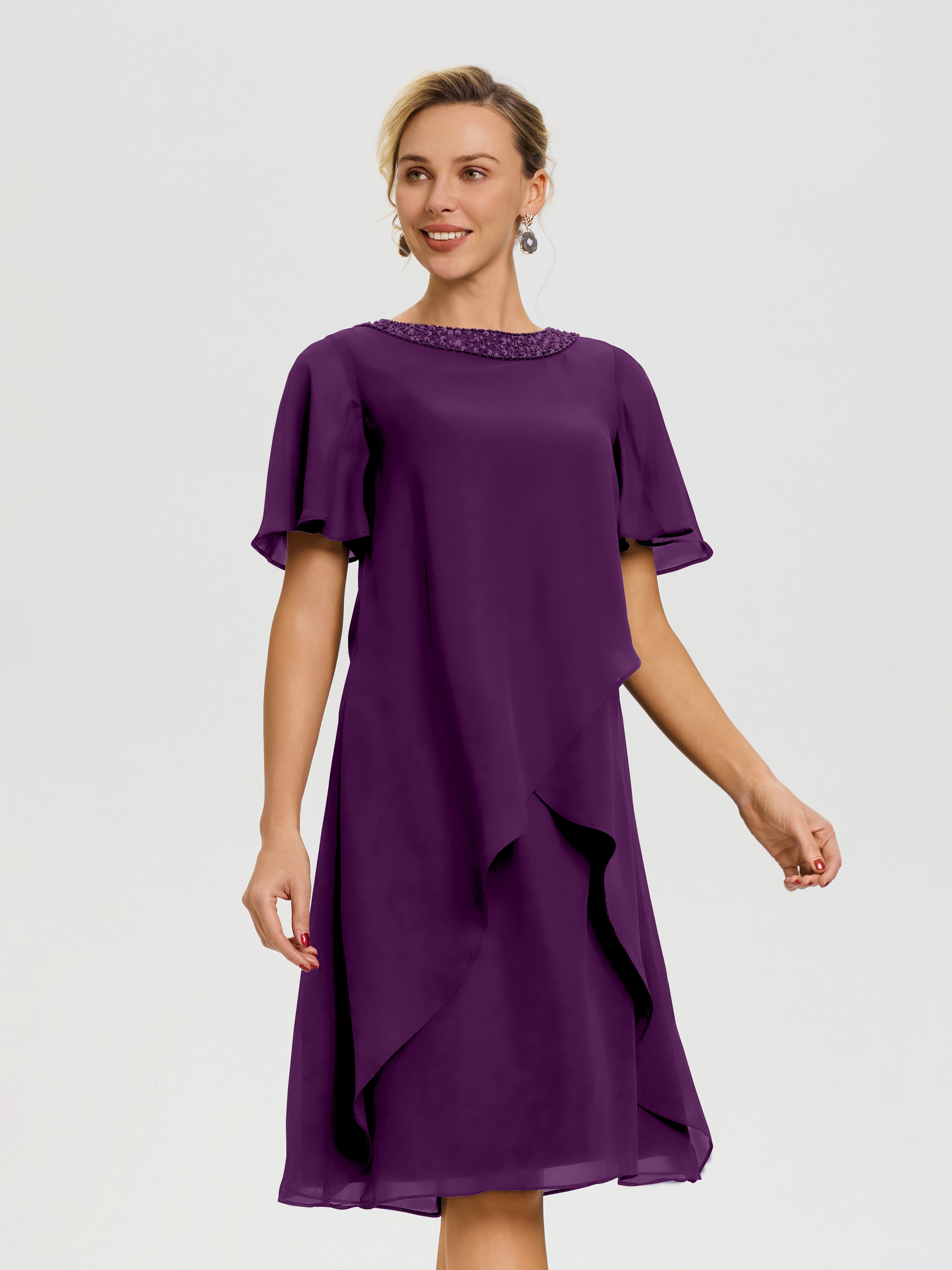 Robe Pour Mère De La Mariée Raisin Col Rond Mancherons Mousseline Robe Mariage Mère Du Marié