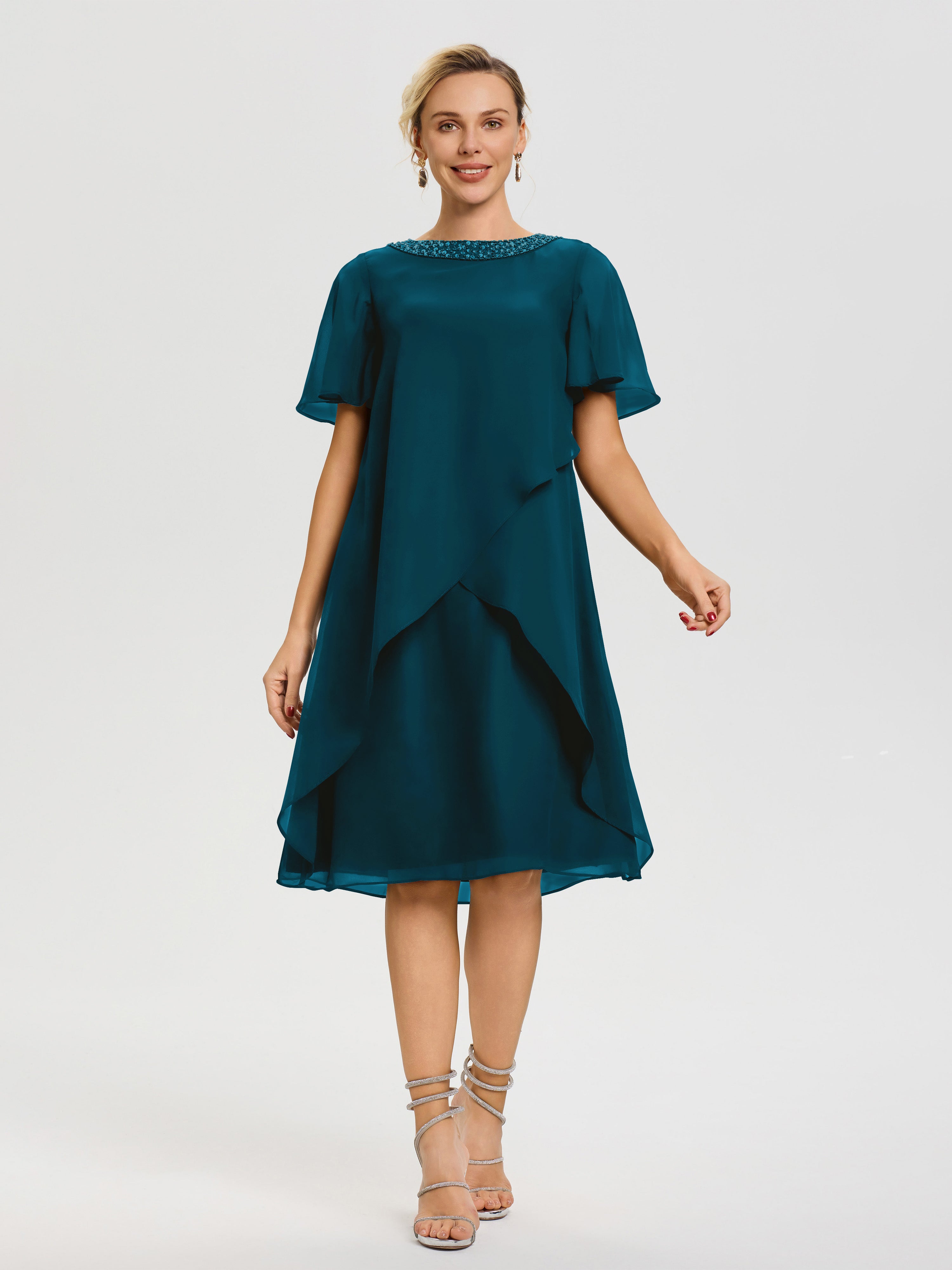 Robe Mère De La Mariée Moderne Bleu Encre Col Rond Mancherons Mousseline Robe Mariage Mère Du Marié