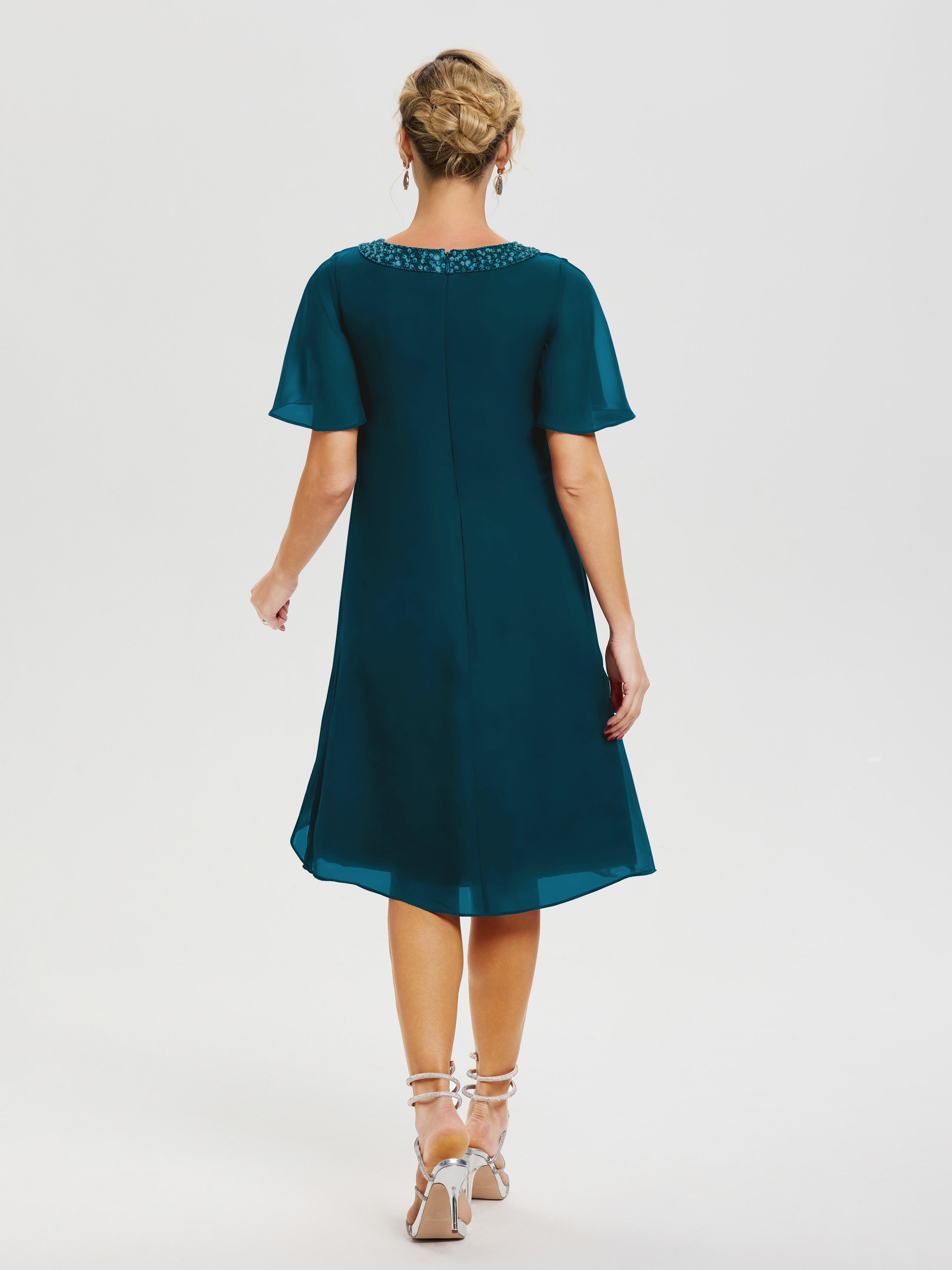 Robe Mère De La Mariée Moderne Bleu Encre Col Rond Mancherons Mousseline Robe Mariage Mère Du Marié