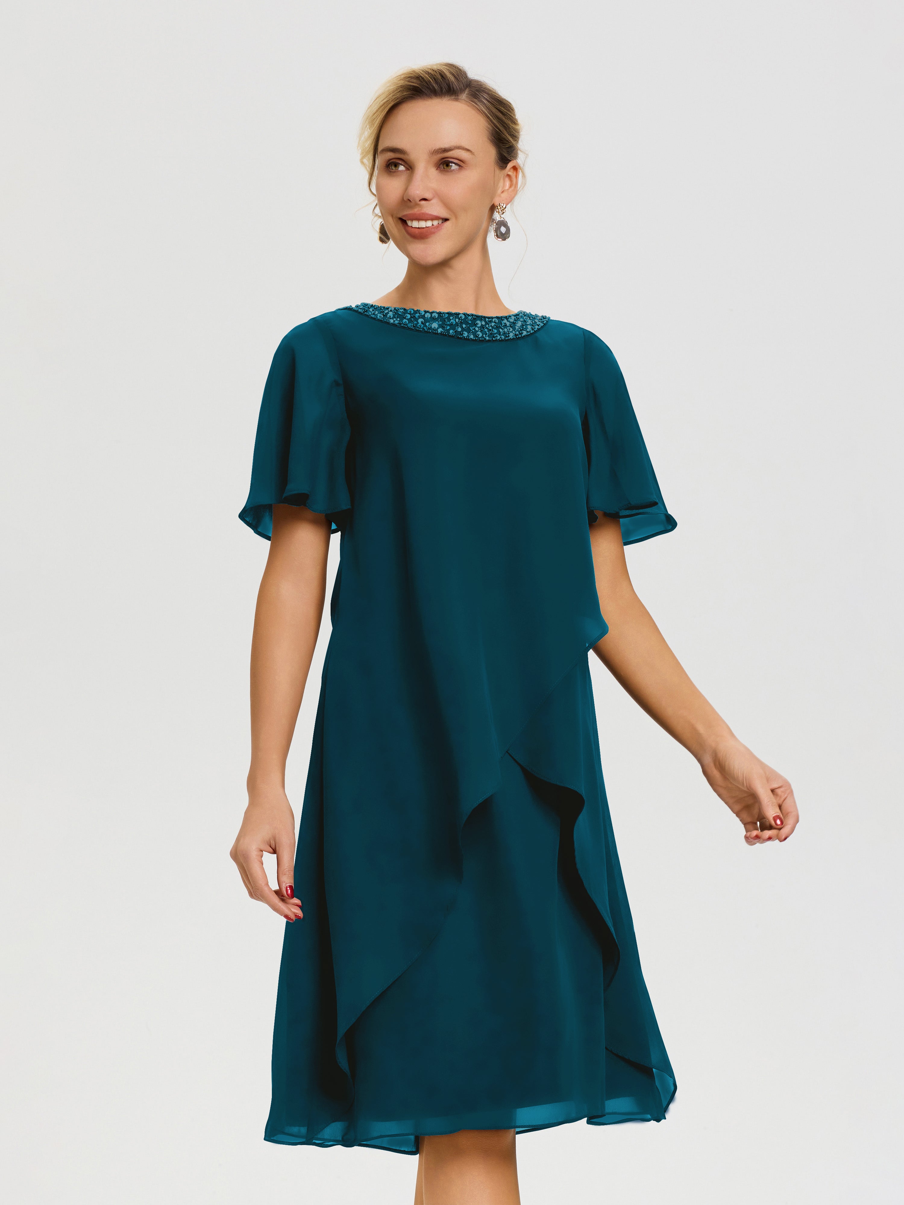 Robe Mère De La Mariée Moderne Bleu Encre Col Rond Mancherons Mousseline Robe Mariage Mère Du Marié