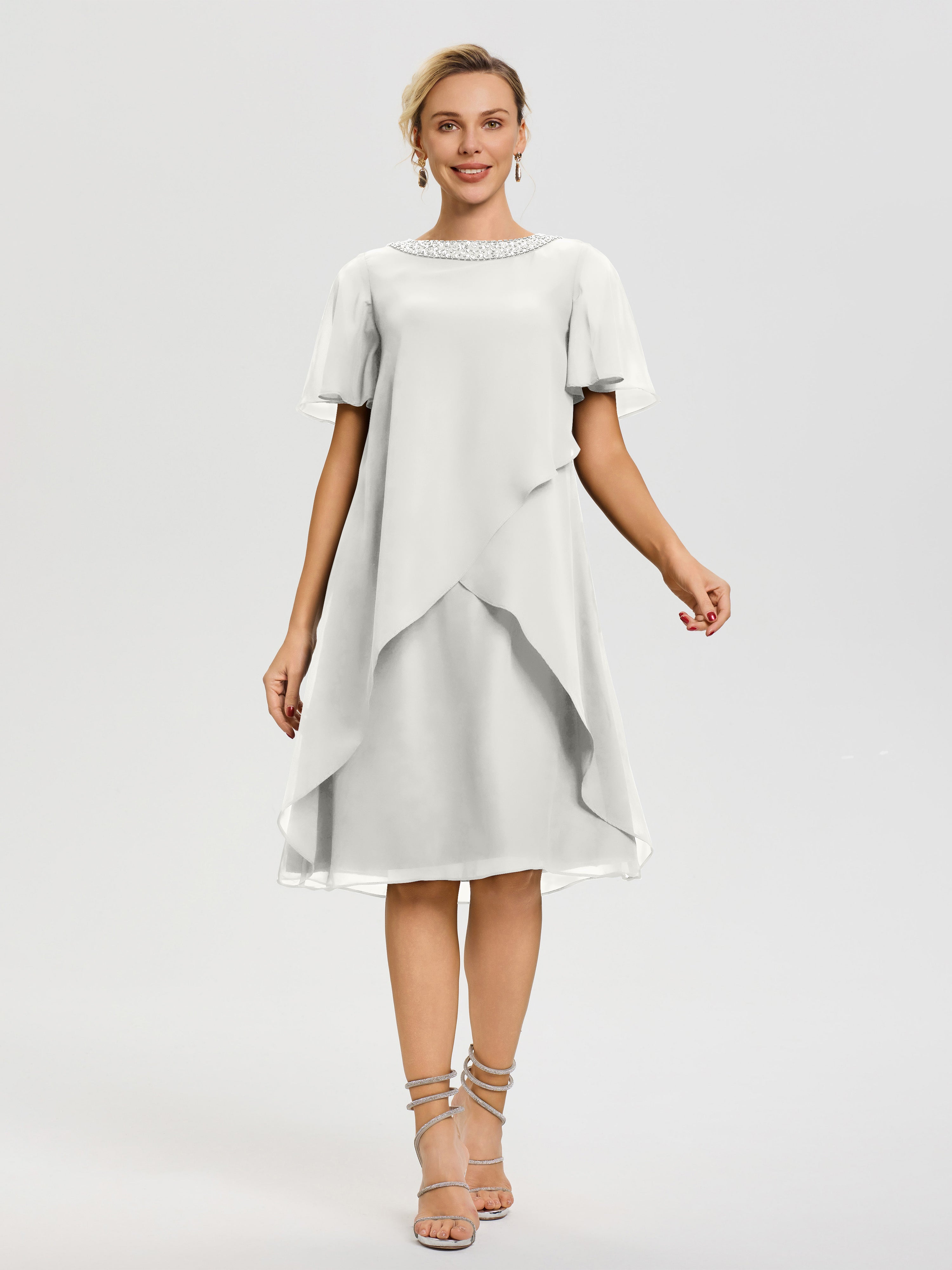 Robe Mère De La Mariée Moderne Ivoire Col Rond Mancherons Mousseline Robe Mariage Mère Du Marié