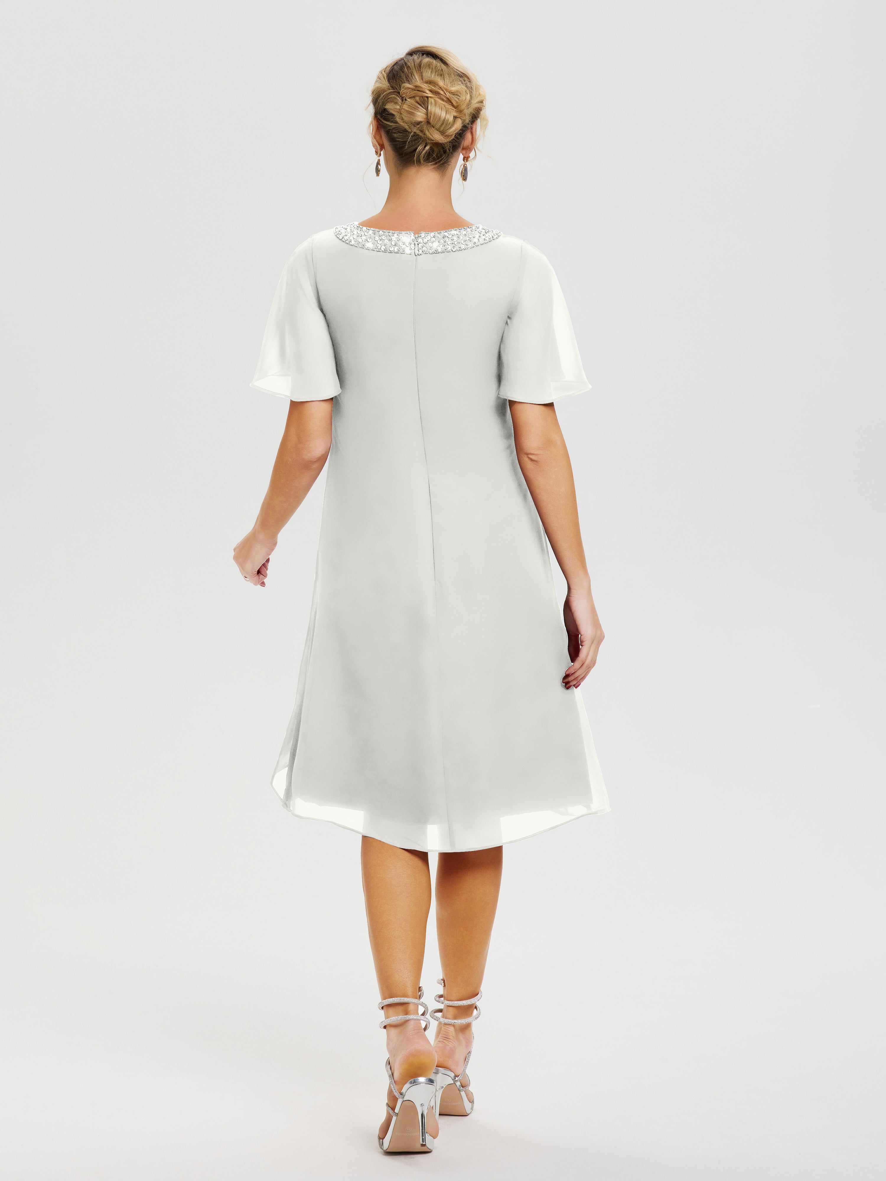Robe Mère De La Mariée Moderne Ivoire Col Rond Mancherons Mousseline Robe Mariage Mère Du Marié