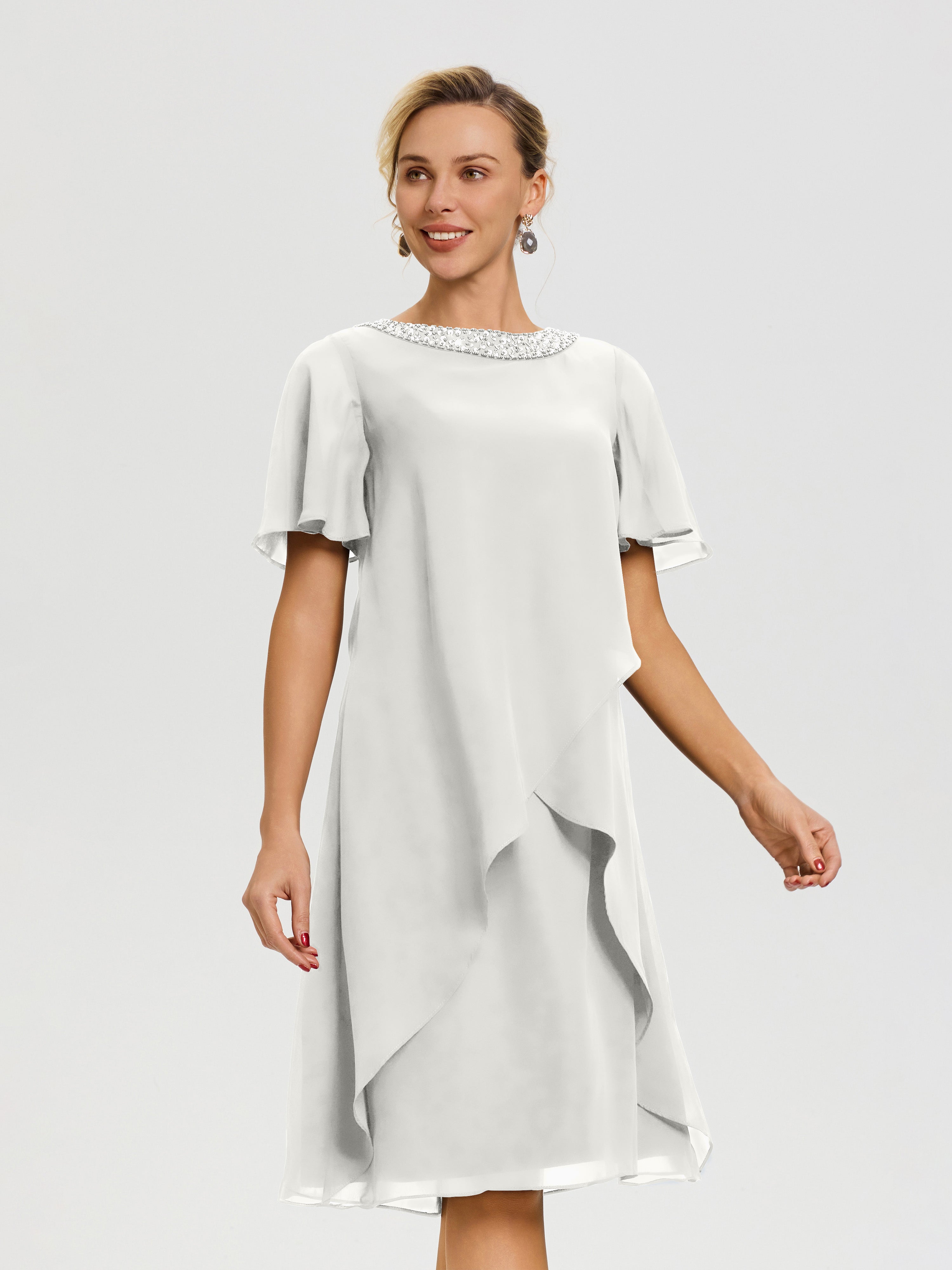 Robe Mère De La Mariée Moderne Ivoire Col Rond Mancherons Mousseline Robe Mariage Mère Du Marié