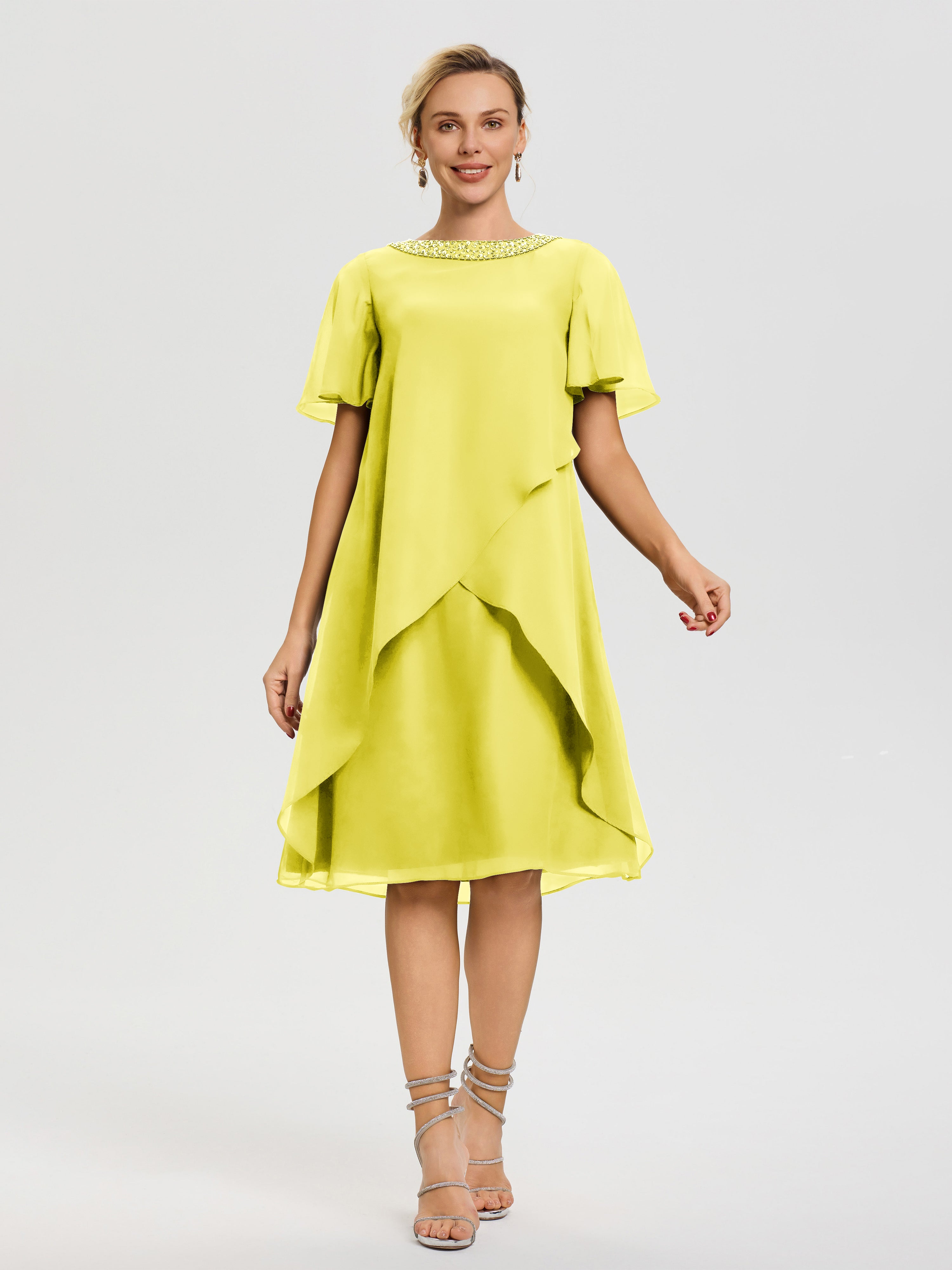 Robe Pour Mariage Mère Du Marié Citron Col-Rond-Mancherons-Mousseline-Robe-Mariage-Mere-Du-Marie