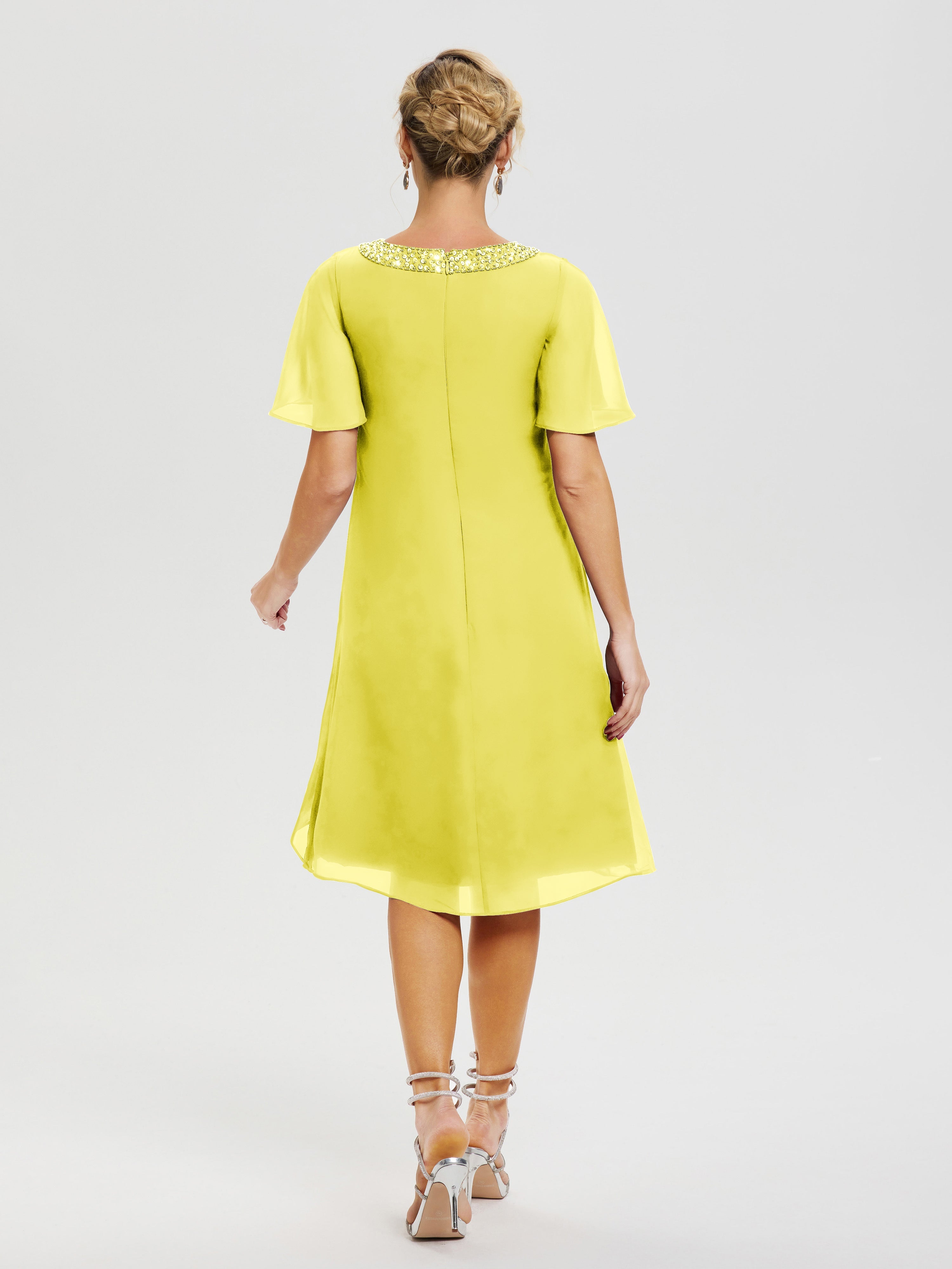 Robe Pour Mariage Mère Du Marié Citron Col-Rond-Mancherons-Mousseline-Robe-Mariage-Mere-Du-Marie