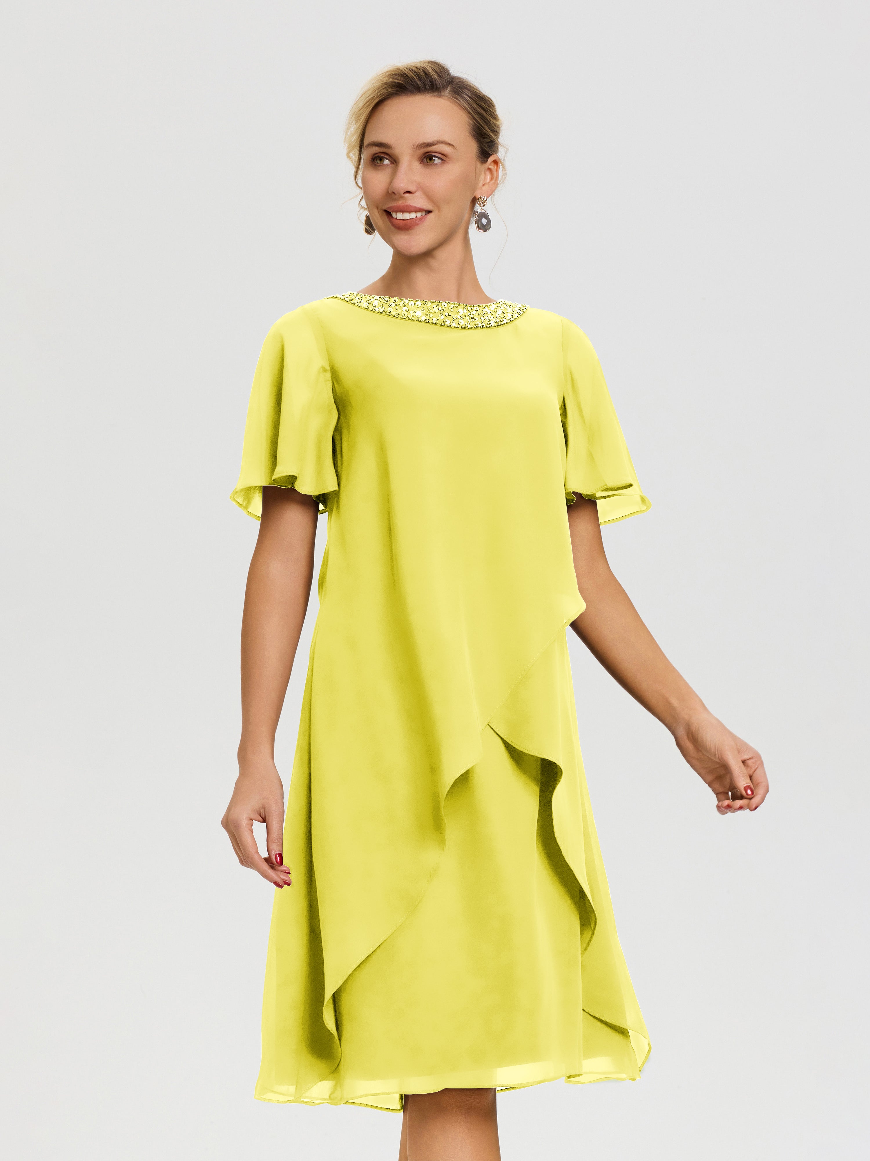 Robe Pour Mariage Mère Du Marié Citron Col-Rond-Mancherons-Mousseline-Robe-Mariage-Mere-Du-Marie