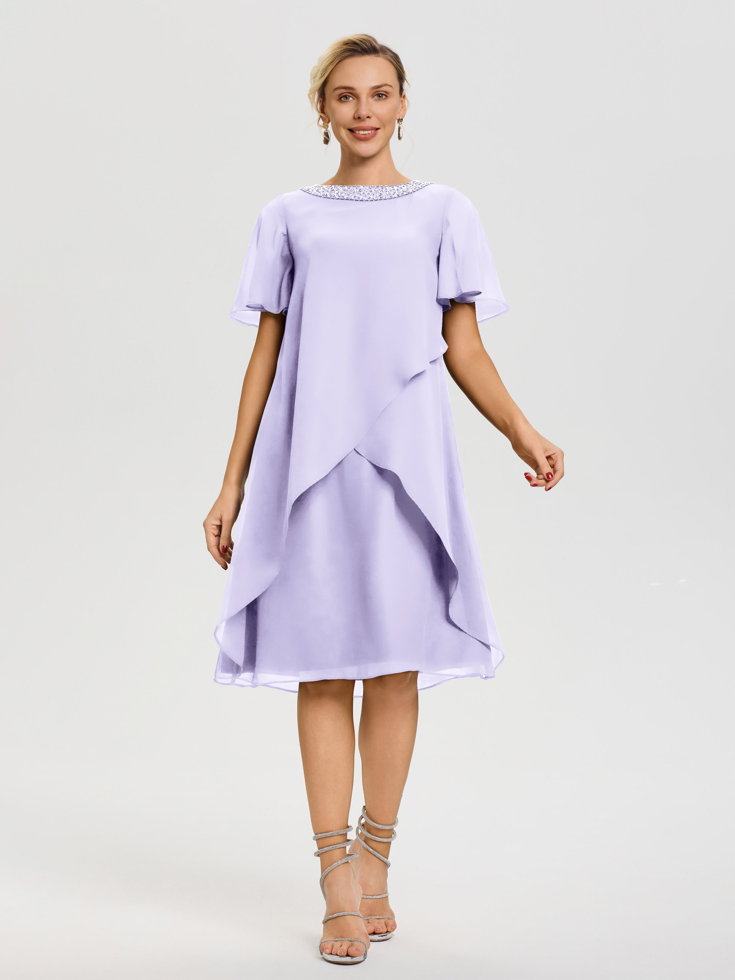 Robe Pour Mère De La Mariée Lilas Col Rond Mancherons Mousseline Robe Mariage Mère Du Marié