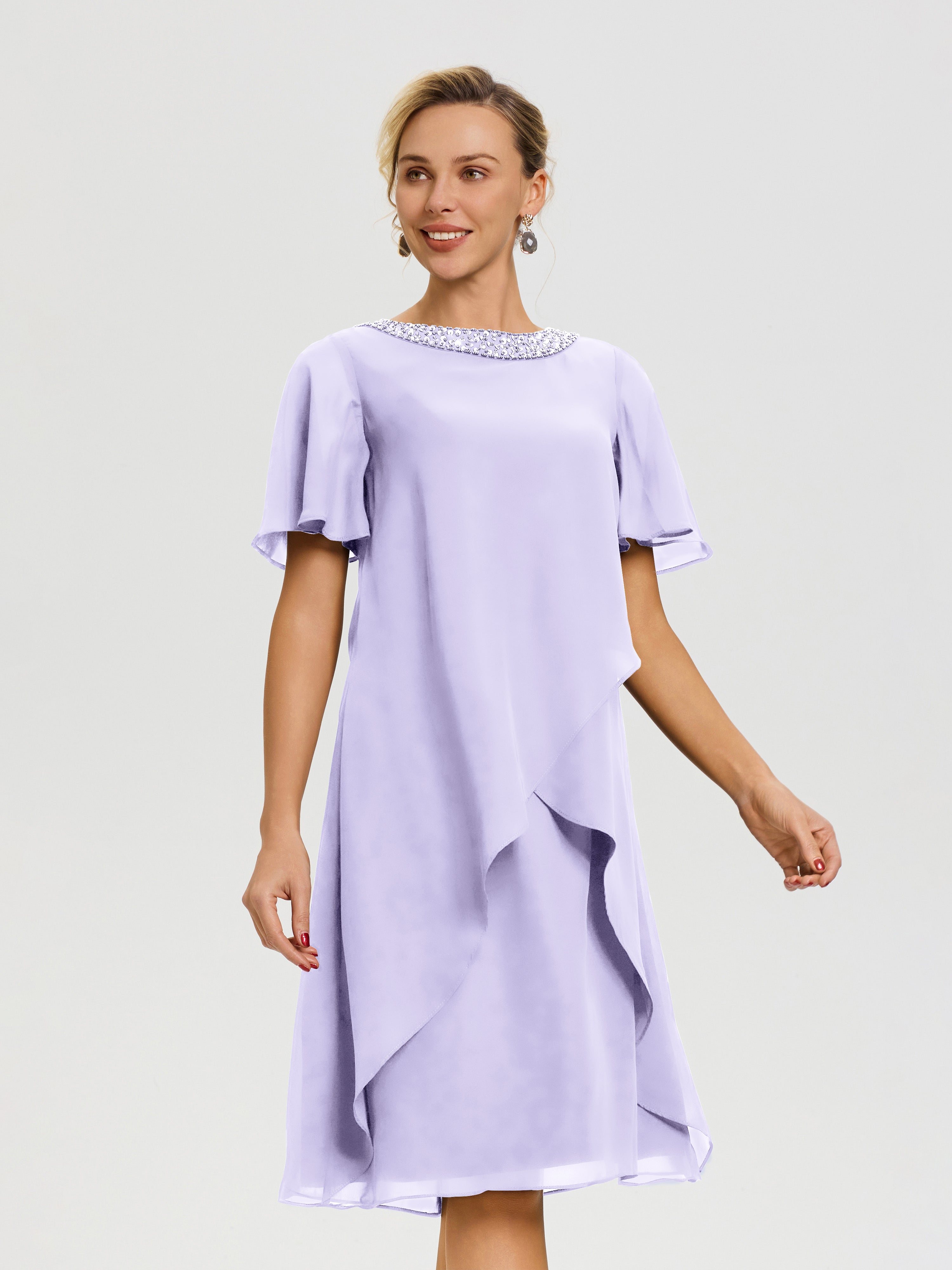 Robe Pour Mère De La Mariée Lilas Col Rond Mancherons Mousseline Robe Mariage Mère Du Marié