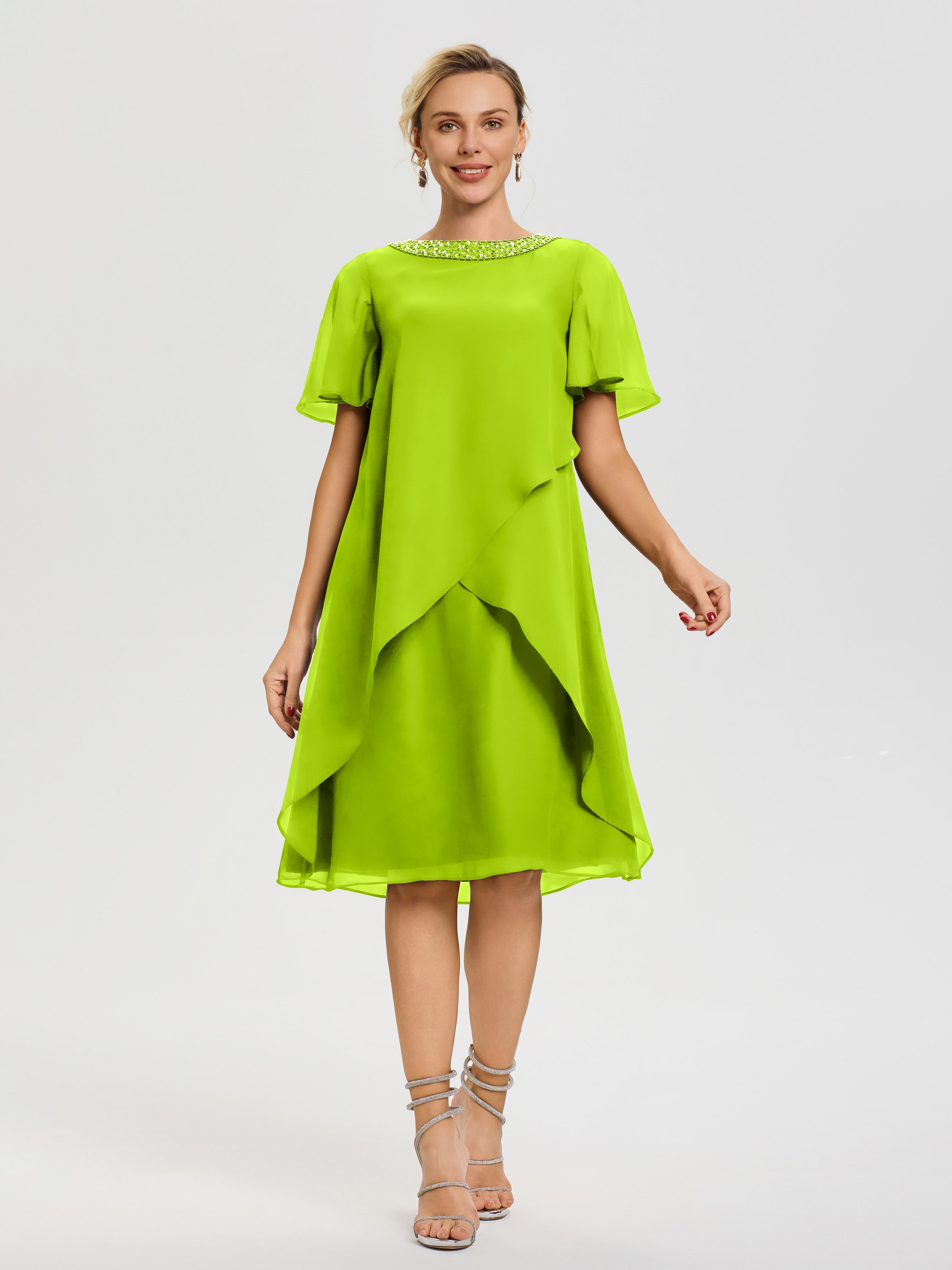 Robe Mère Du Marié Vert Citron Col Rond Mancherons Mousseline Robe Mariage Mère Du Marié