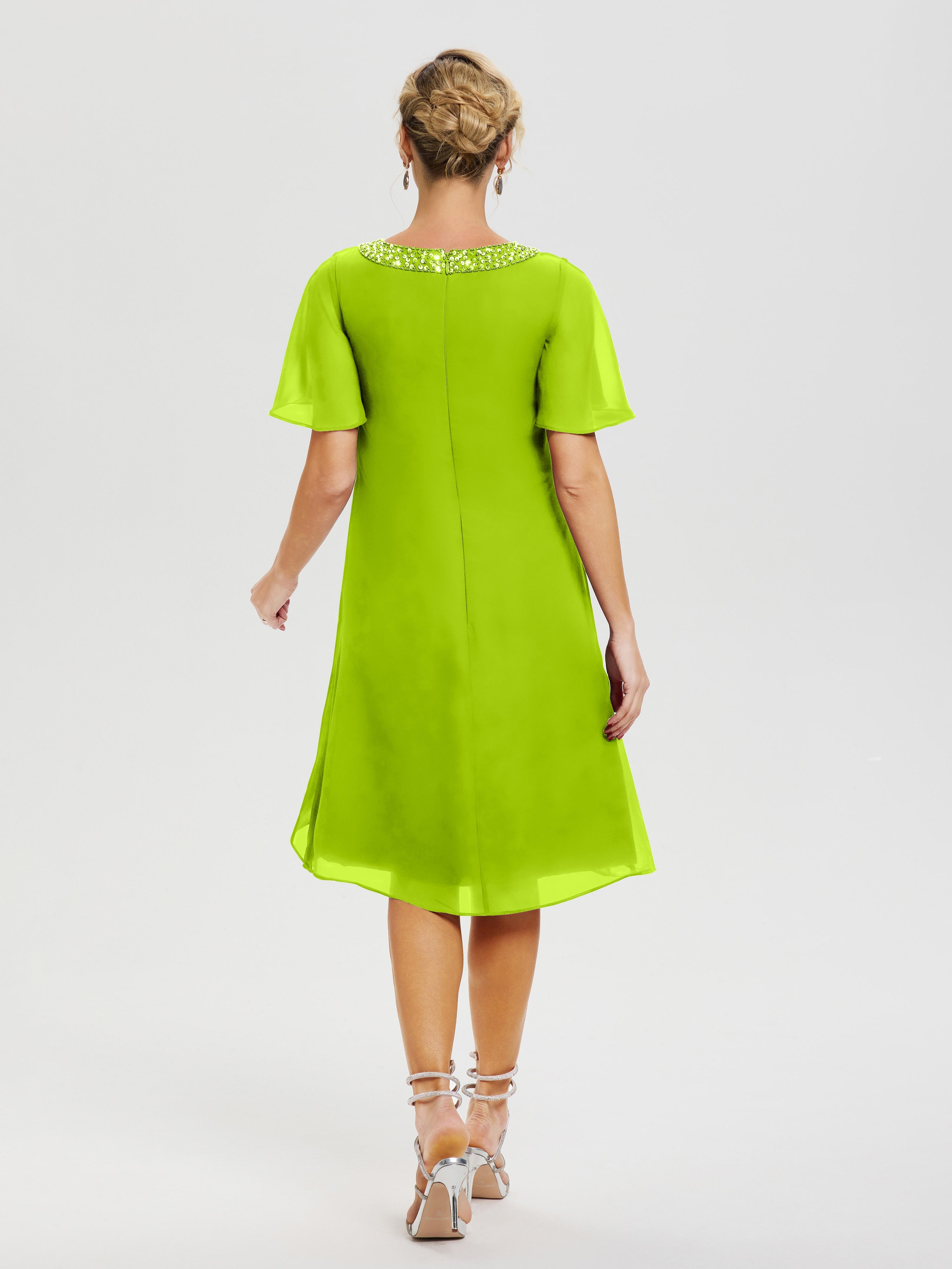 Robe Mère Du Marié Vert Citron Col Rond Mancherons Mousseline Robe Mariage Mère Du Marié