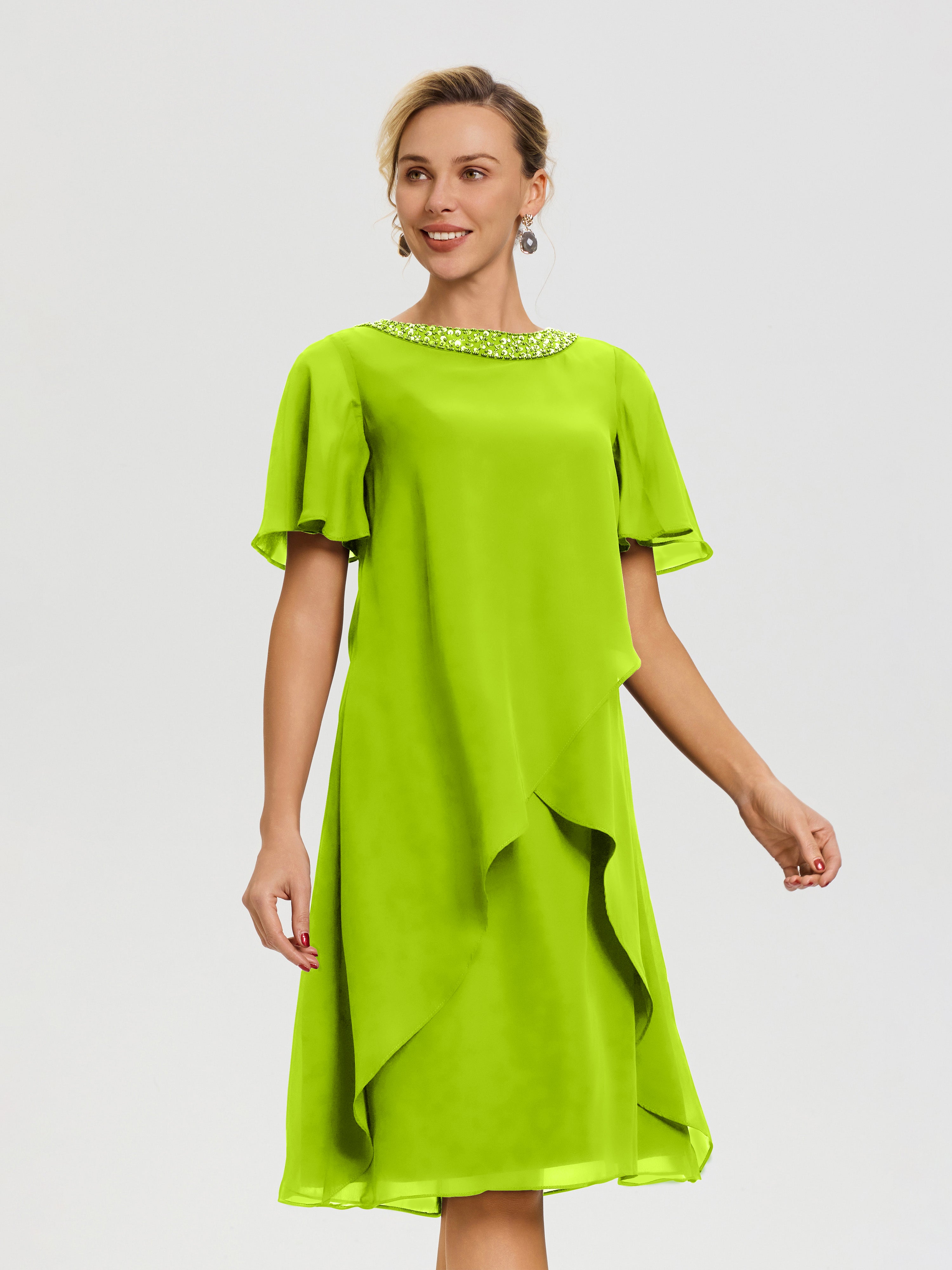 Robe Mère Du Marié Vert Citron Col Rond Mancherons Mousseline Robe Mariage Mère Du Marié