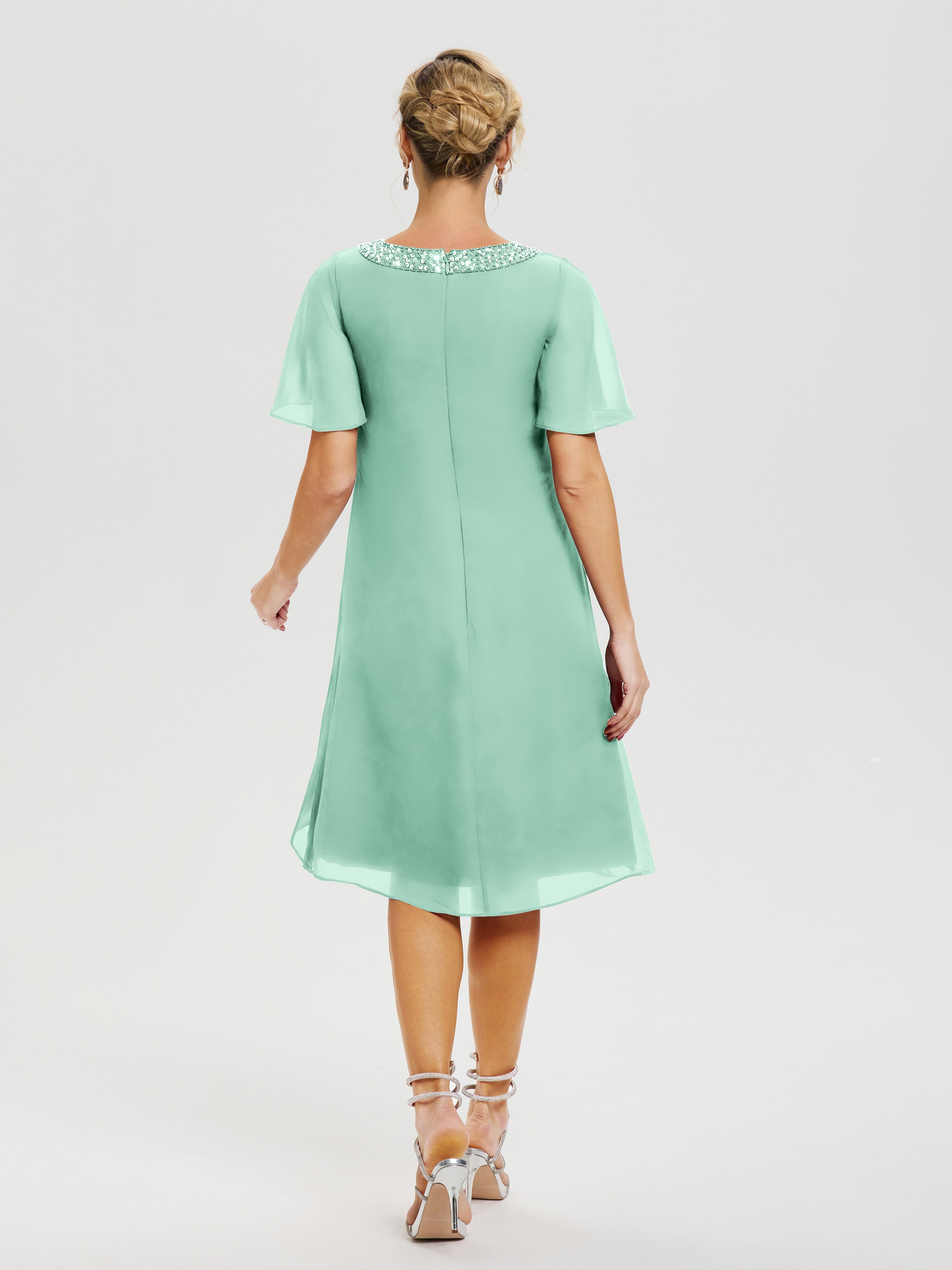 Robe De Mère De La Mariée Vert Menthe Col Rond Mancherons Mousseline Robe Mariage Mère Du Marié