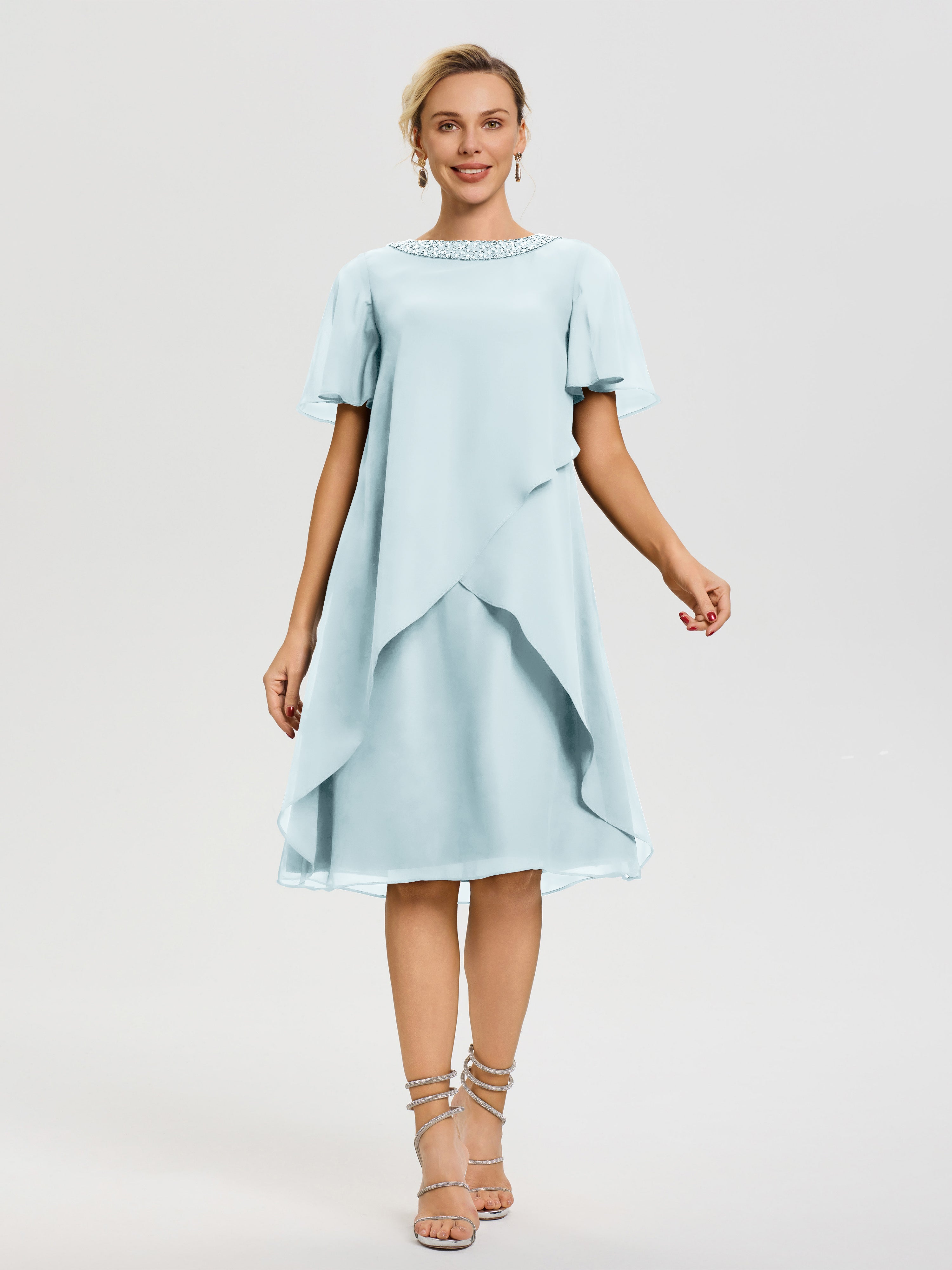 Robe Pour Mariage Mère Du Marié Brume Col-Rond-Mancherons-Mousseline-Robe-Mariage-Mere-Du-Marie