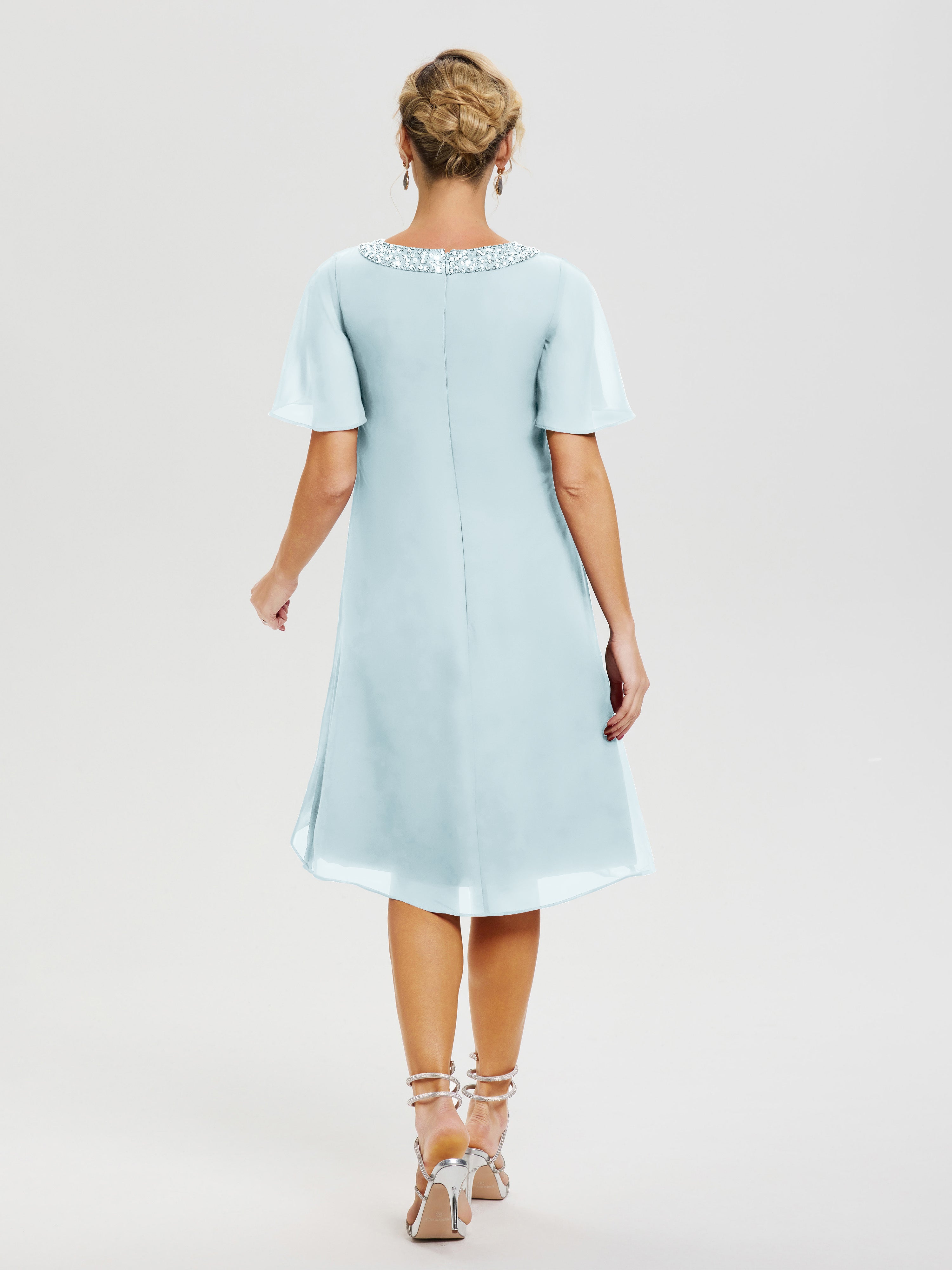 Robe Pour Mariage Mère Du Marié Brume Col-Rond-Mancherons-Mousseline-Robe-Mariage-Mere-Du-Marie