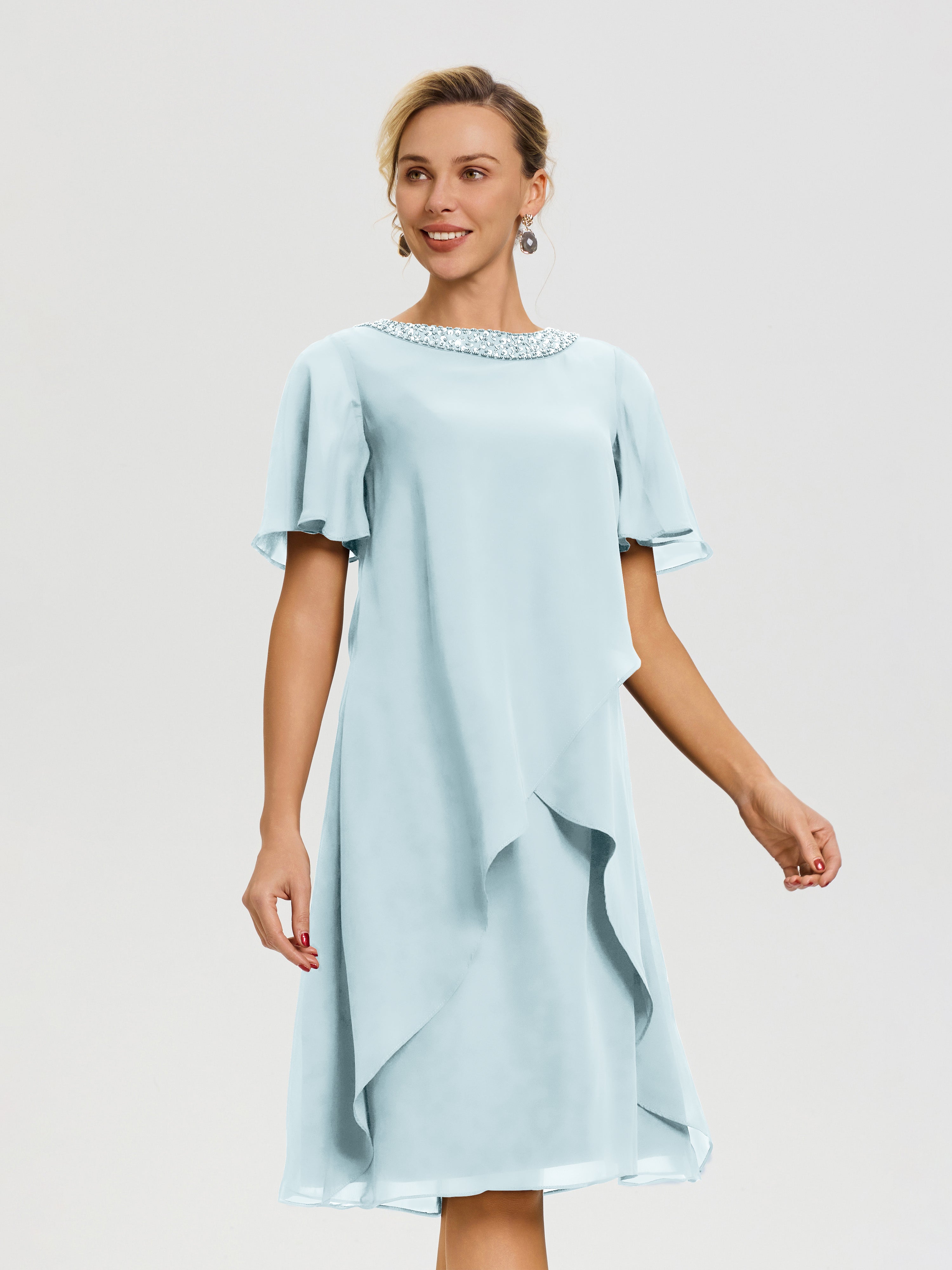 Robe Pour Mariage Mère Du Marié Brume Col-Rond-Mancherons-Mousseline-Robe-Mariage-Mere-Du-Marie