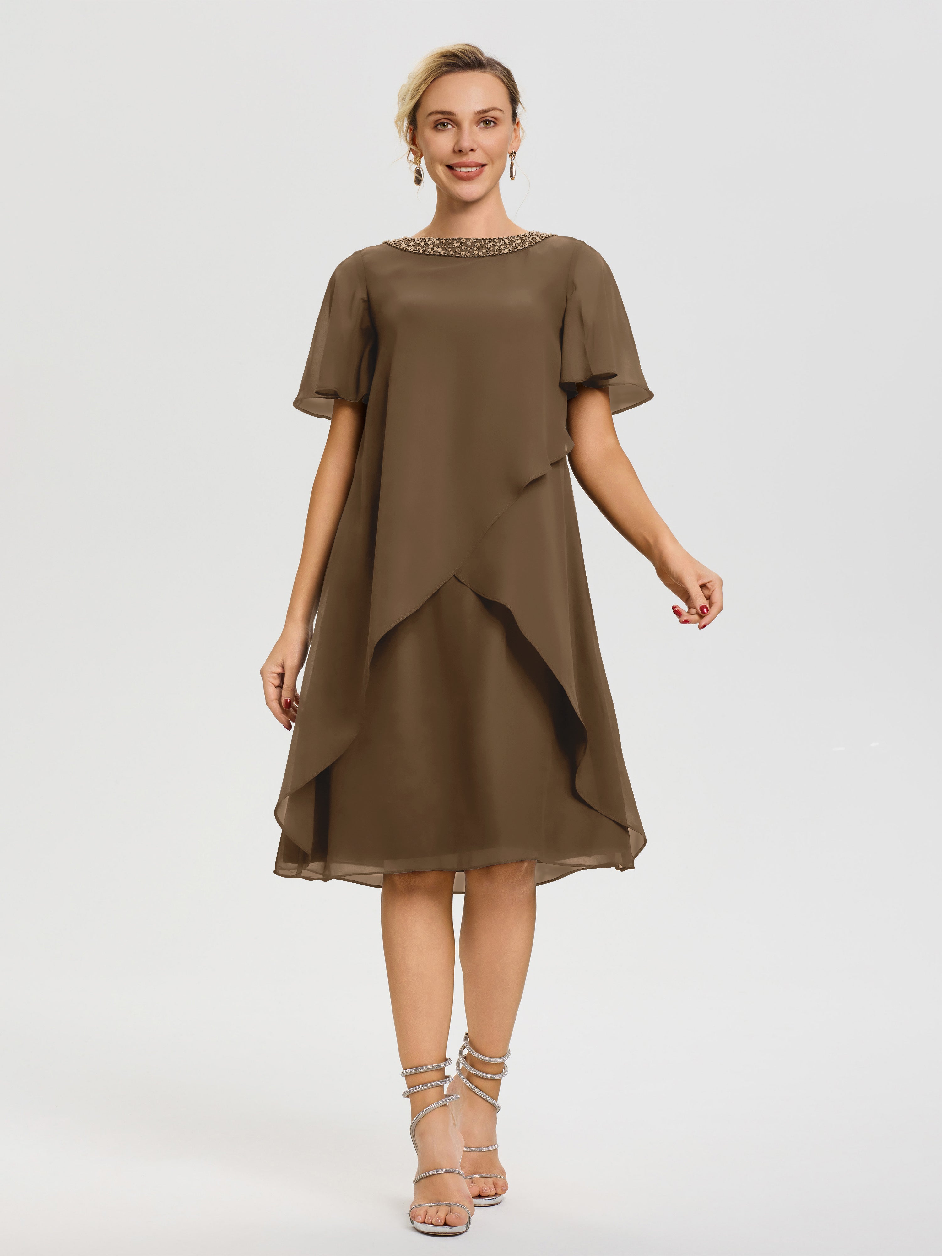 Robe Pour Mariage Mère Du Marié Moka Col Rond Mancherons Mousseline Robe Mariage Mère Du Marié