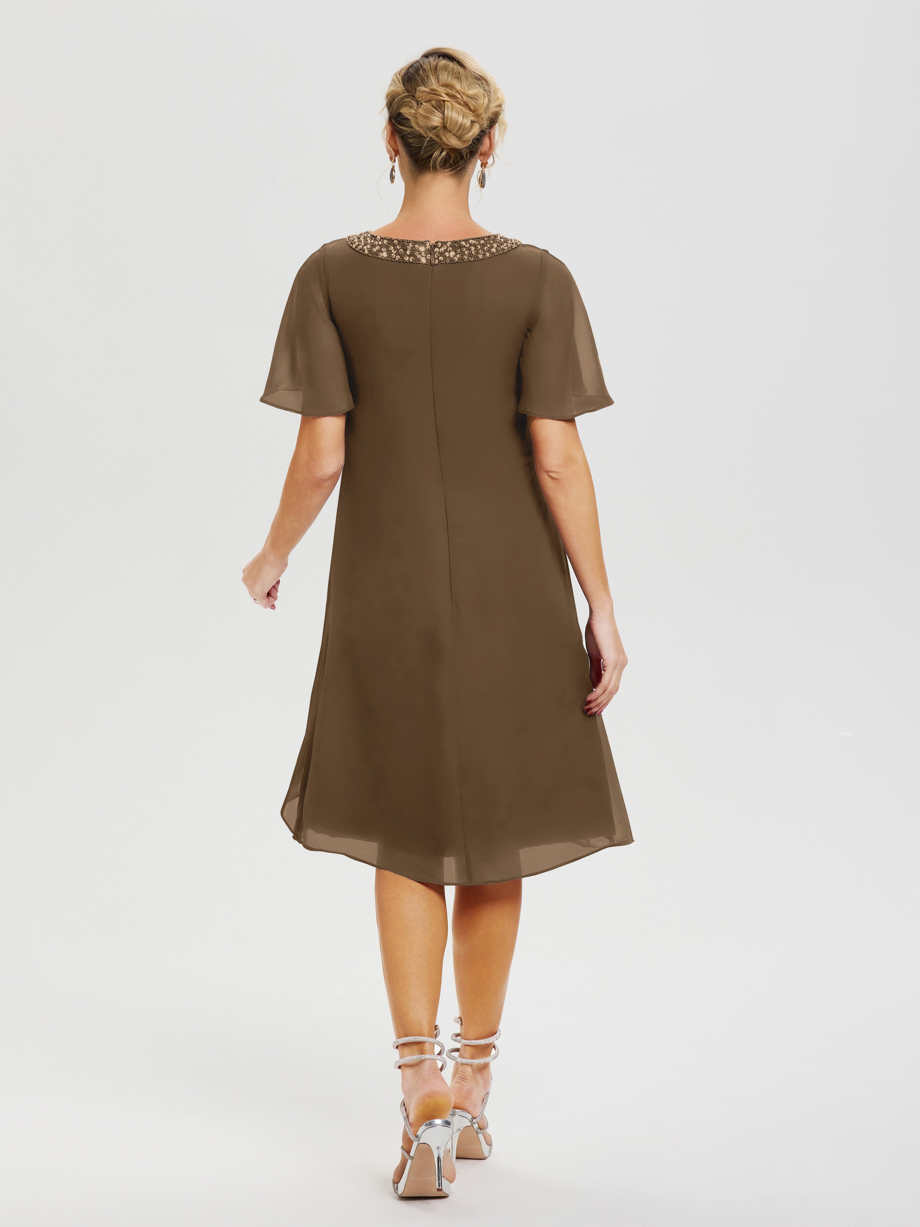Robe Pour Mariage Mère Du Marié Moka Col Rond Mancherons Mousseline Robe Mariage Mère Du Marié