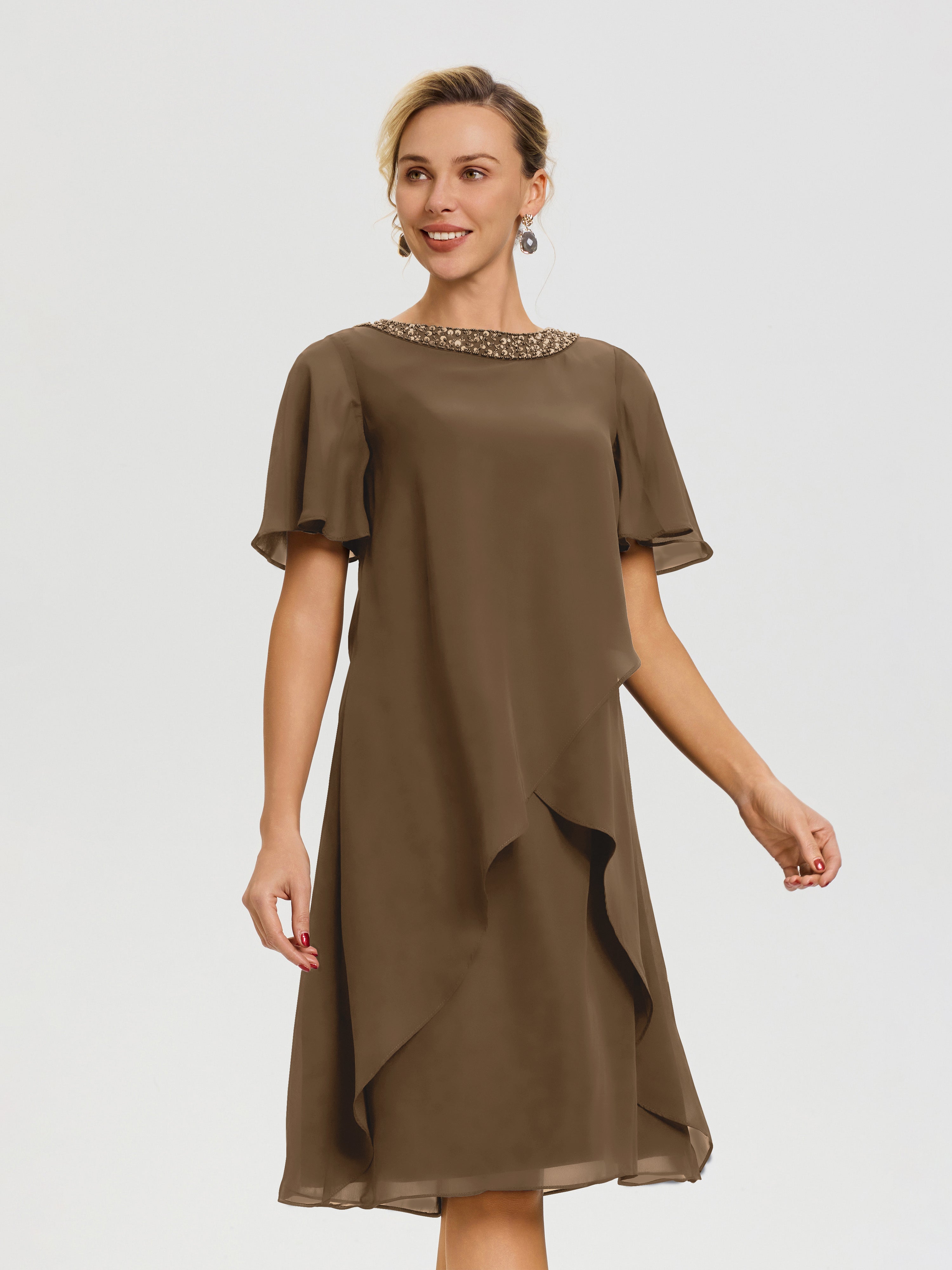 Robe Pour Mariage Mère Du Marié Moka Col Rond Mancherons Mousseline Robe Mariage Mère Du Marié
