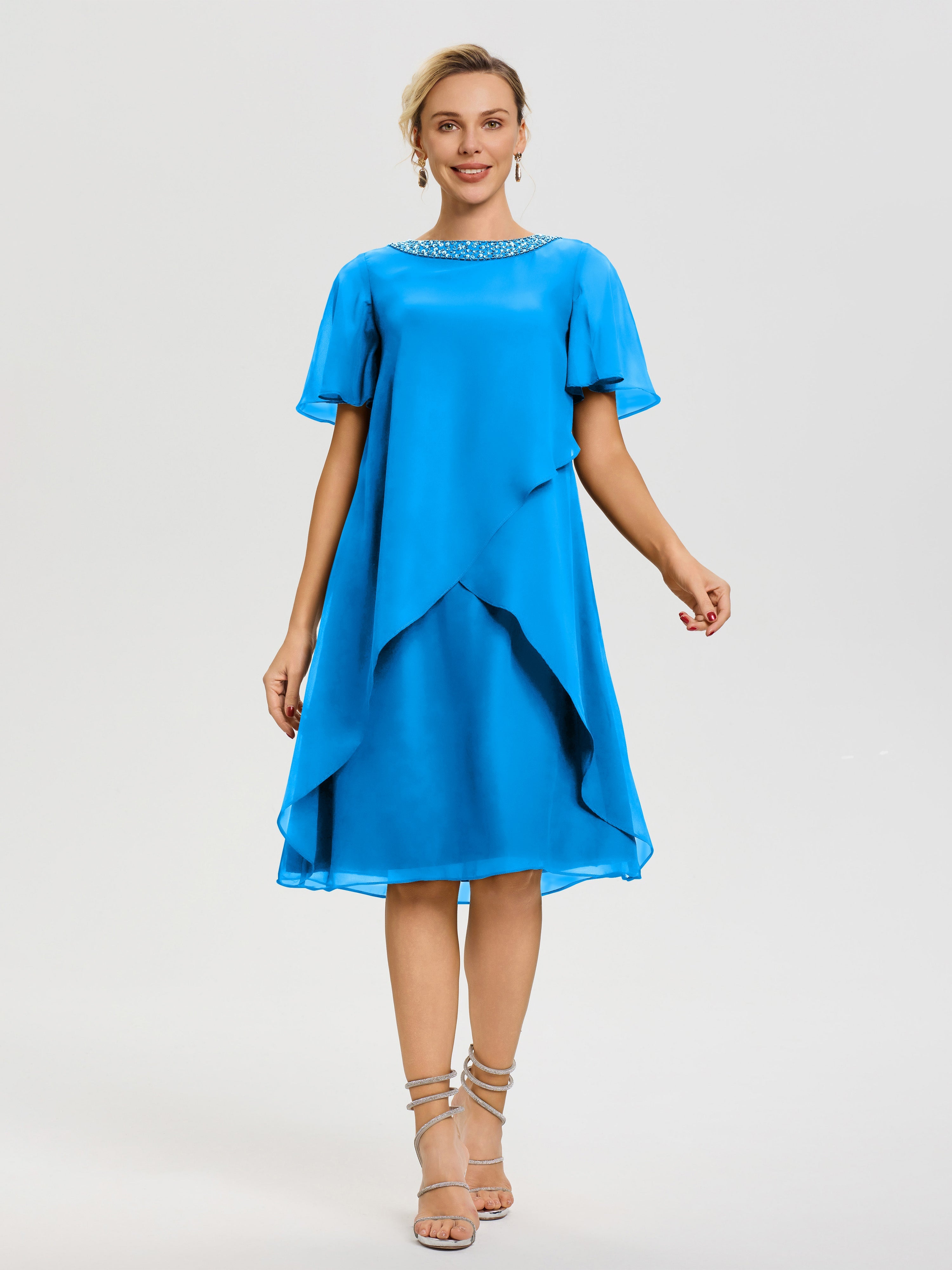 Robe Mère De La Mariée Moderne Bleu Océan Col Rond Mancherons Mousseline Robe Mariage Mère Du Marié