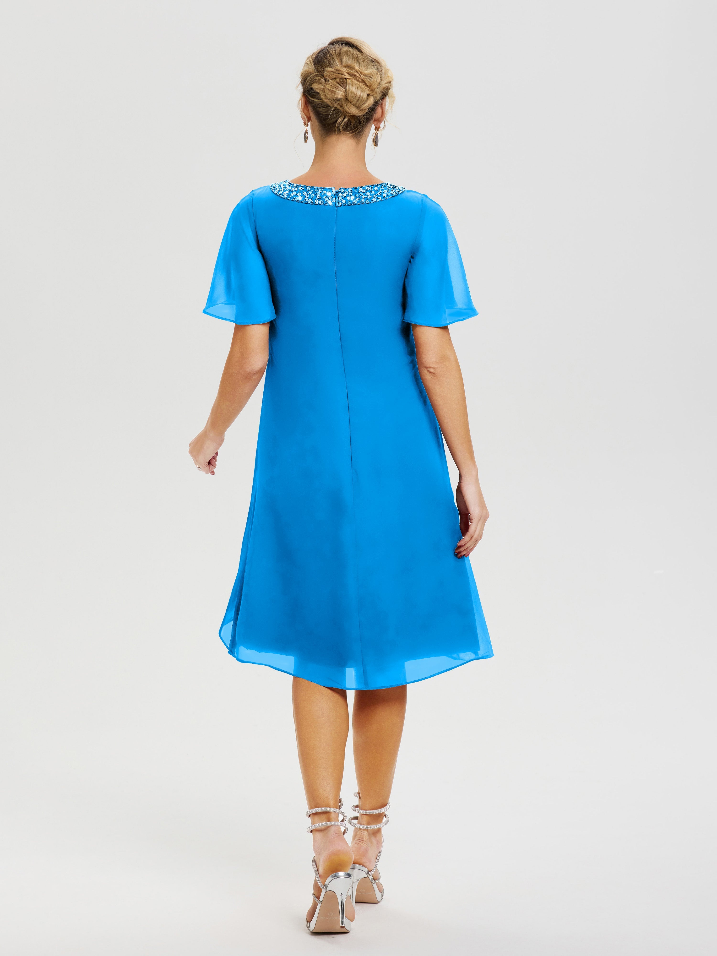 Robe Mère De La Mariée Moderne Bleu Océan Col Rond Mancherons Mousseline Robe Mariage Mère Du Marié