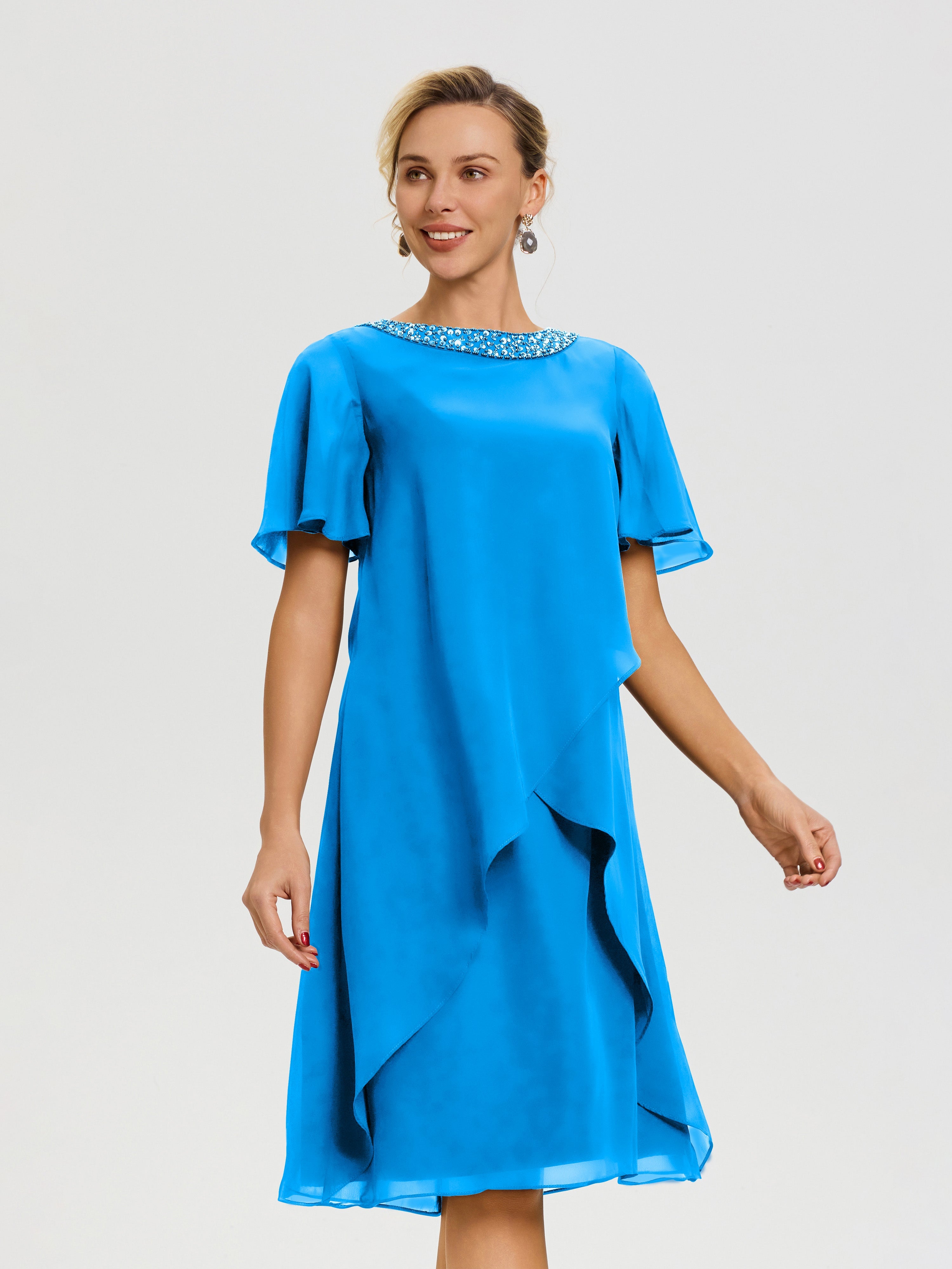 Robe Mère De La Mariée Moderne Bleu Océan Col Rond Mancherons Mousseline Robe Mariage Mère Du Marié