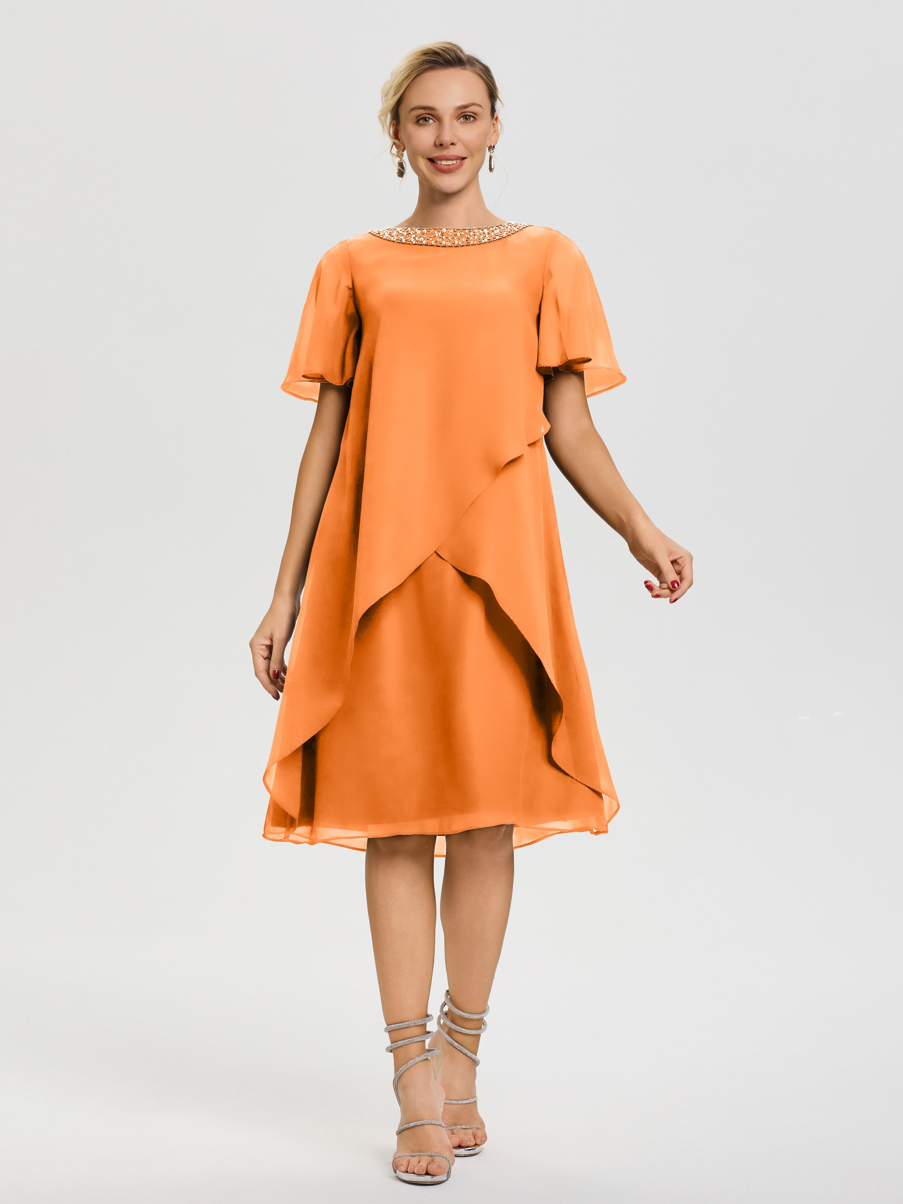 Robe Pour Mère De La Mariée Orange Col Rond Mancherons Mousseline Robe Mariage Mère Du Marié