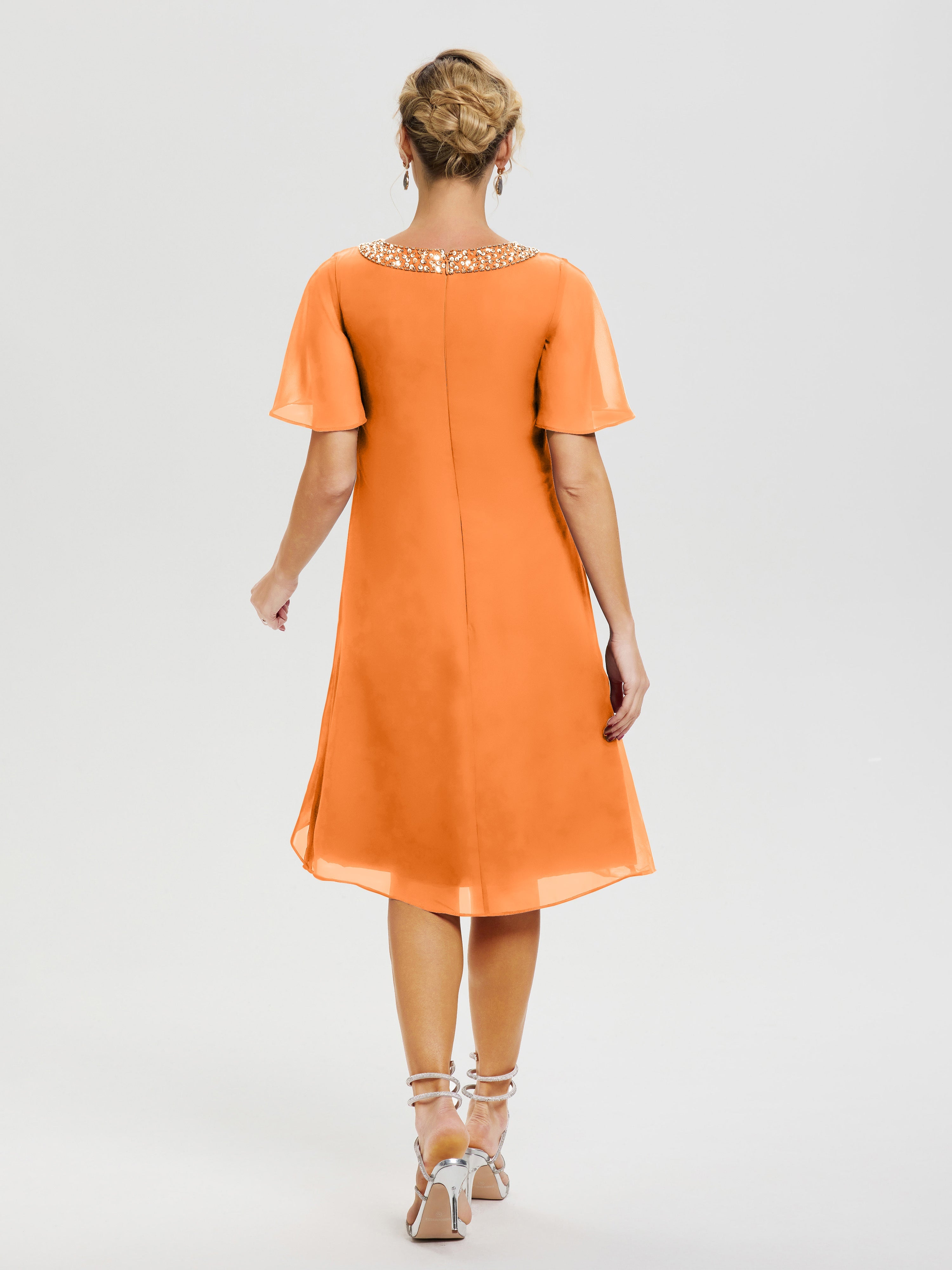 Robe Pour Mère De La Mariée Orange Col Rond Mancherons Mousseline Robe Mariage Mère Du Marié