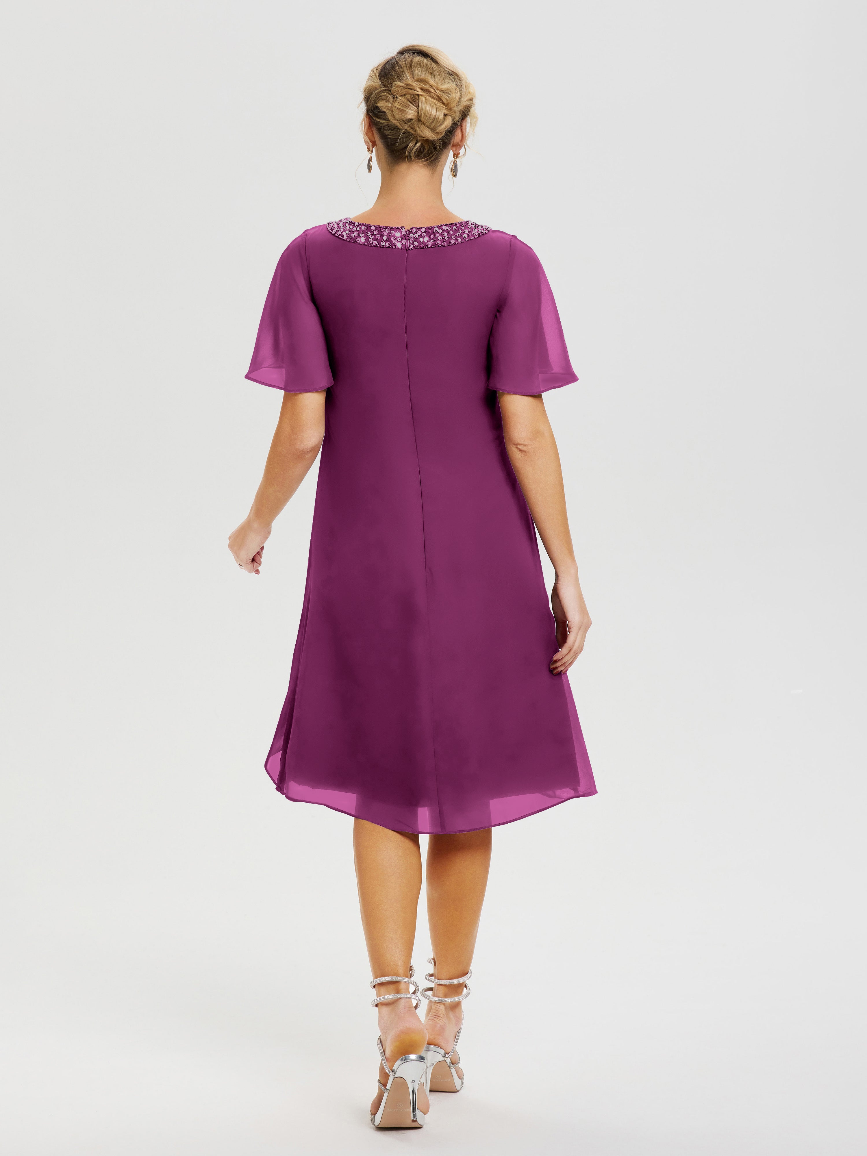 Robe Pour Mère De La Mariée Orchidée Col Rond Mancherons Mousseline Robe Mariage Mère Du Marié