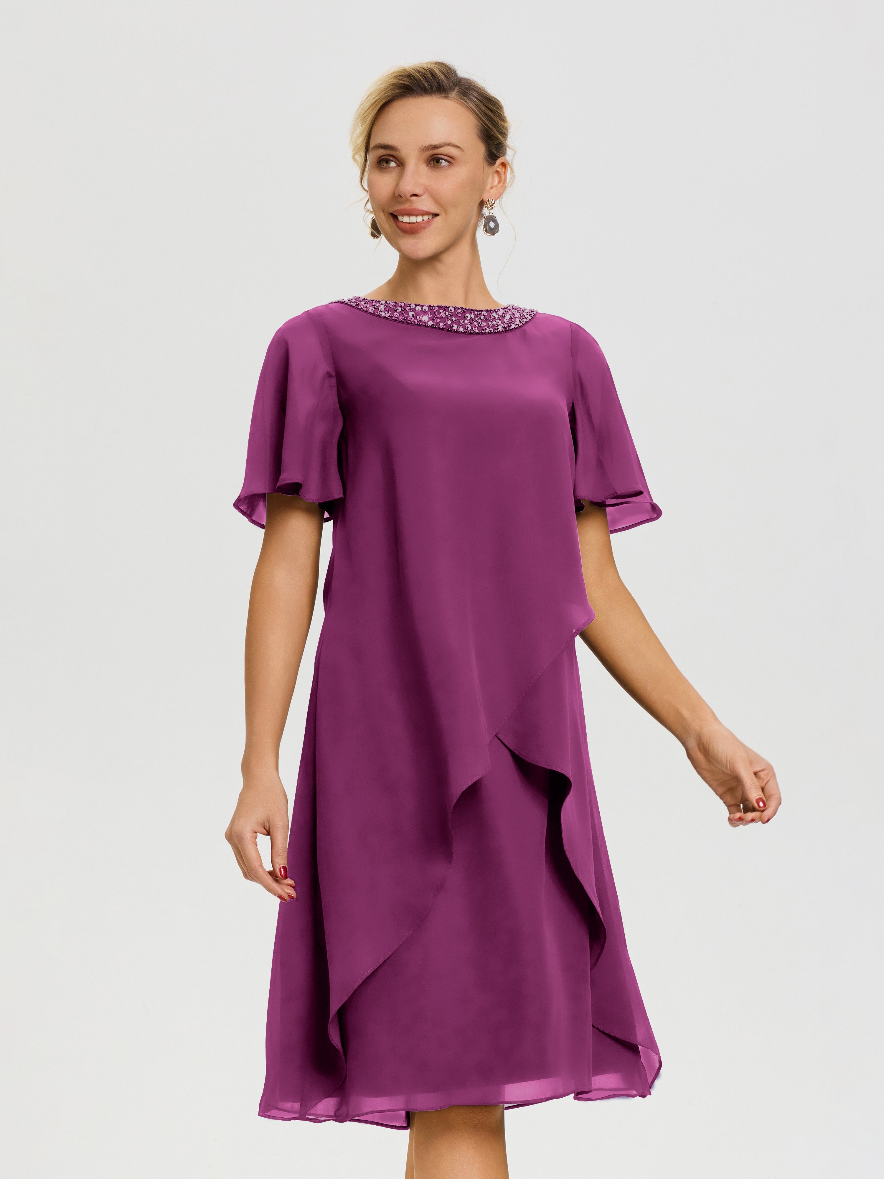 Robe Pour Mère De La Mariée Orchidée Col Rond Mancherons Mousseline Robe Mariage Mère Du Marié